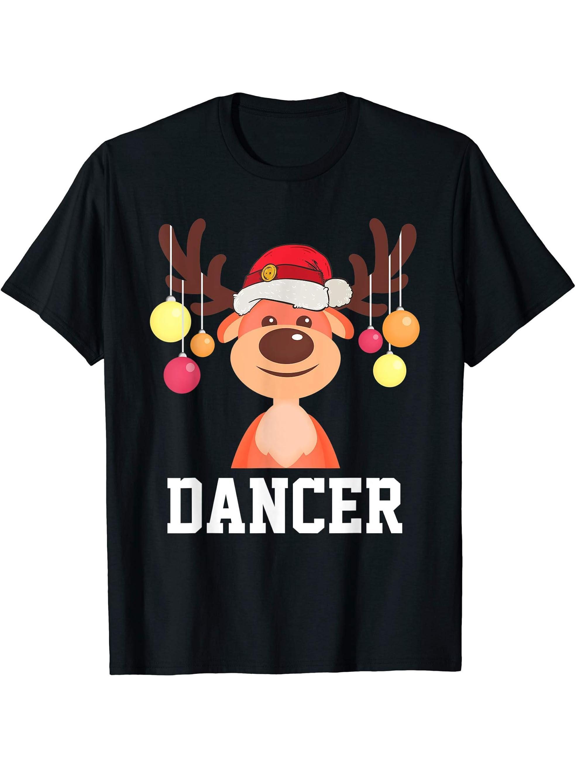 Funny Santa Reindeer Dancer Christmas Group Costume T-Shirt 180G 100% Cotton Printed Round Neck Short-Sleeve T-Shirt, Gifts for Men Dad Husband Grandpa, S-XXXL, Black
