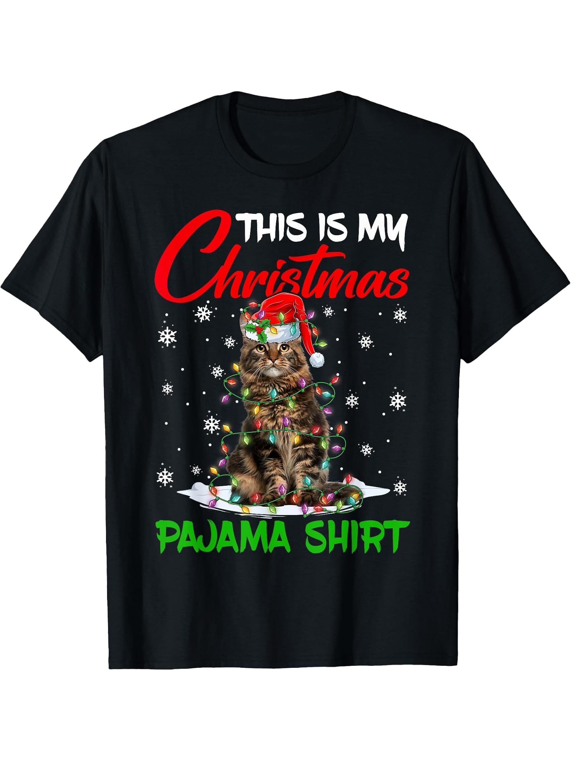 This Is My Christmas Pajama Shirt Maine Coon Cat Santa Hat T-Shirt 180G 100% Cotton Printed Round Neck Short-Sleeve T-Shirt, Gifts for Men Dad Husband Grandpa, S-XXXL, Black
