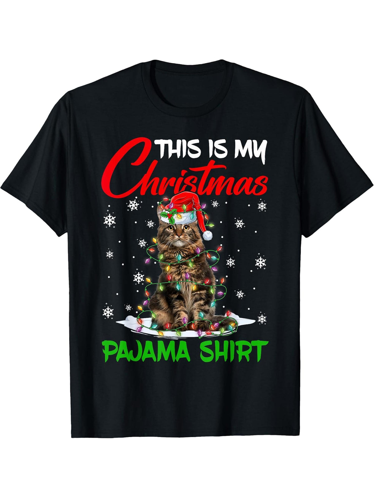 This Is My Christmas Pajama Shirt Maine Coon Cat Santa Hat T-Shirt 180G 100% Cotton Printed Round Neck Short-Sleeve T-Shirt, Gifts for Men Dad Husband Grandpa, S-XXXL, Black