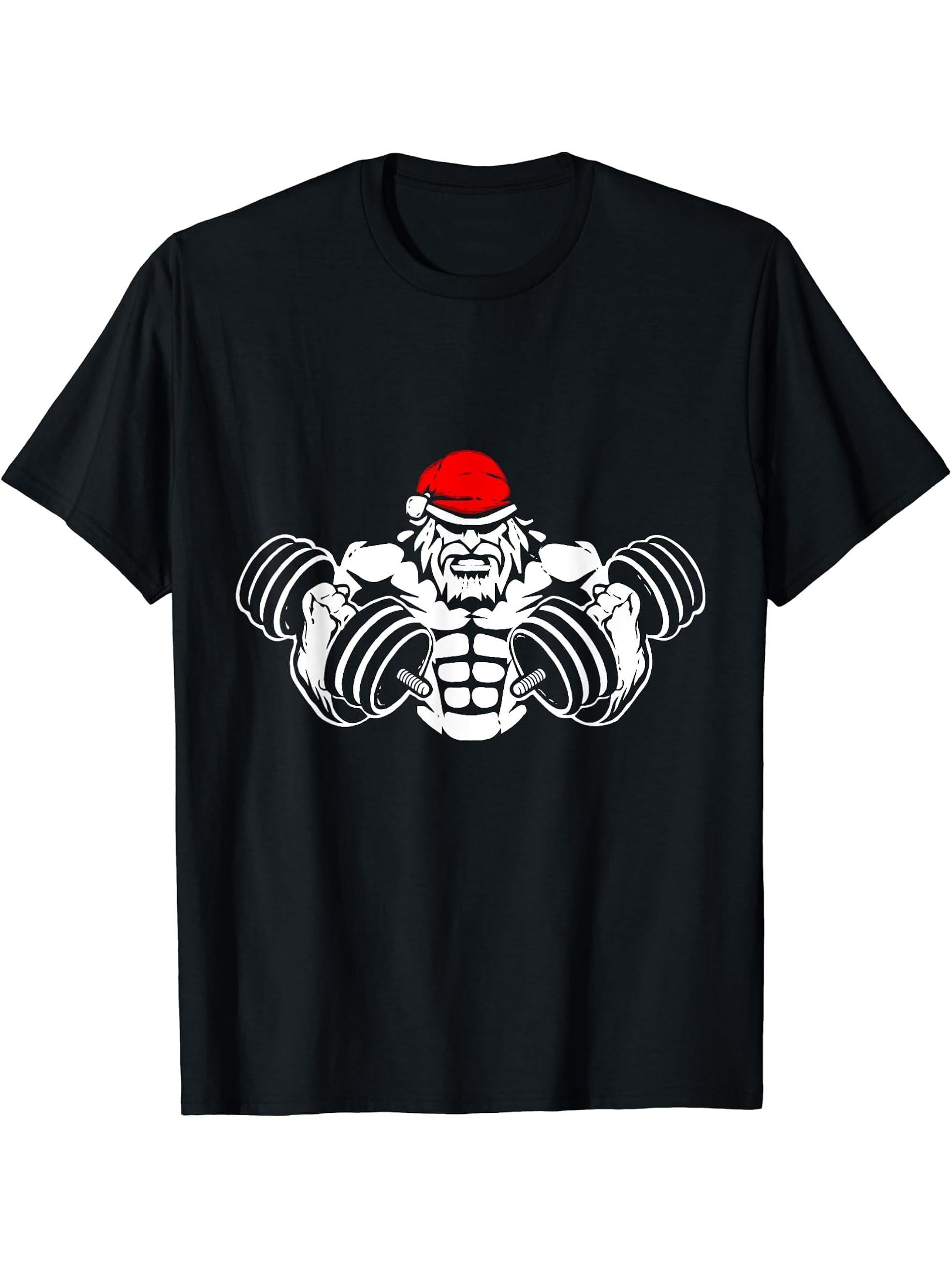 Funny Christmas Santa T-Shirt - Workout Gym Rat Xmas Humor 180G 100% Cotton Printed Round Neck Short-Sleeve T-Shirt, Gifts for Men Dad Husband Grandpa, S-XXXL, Black