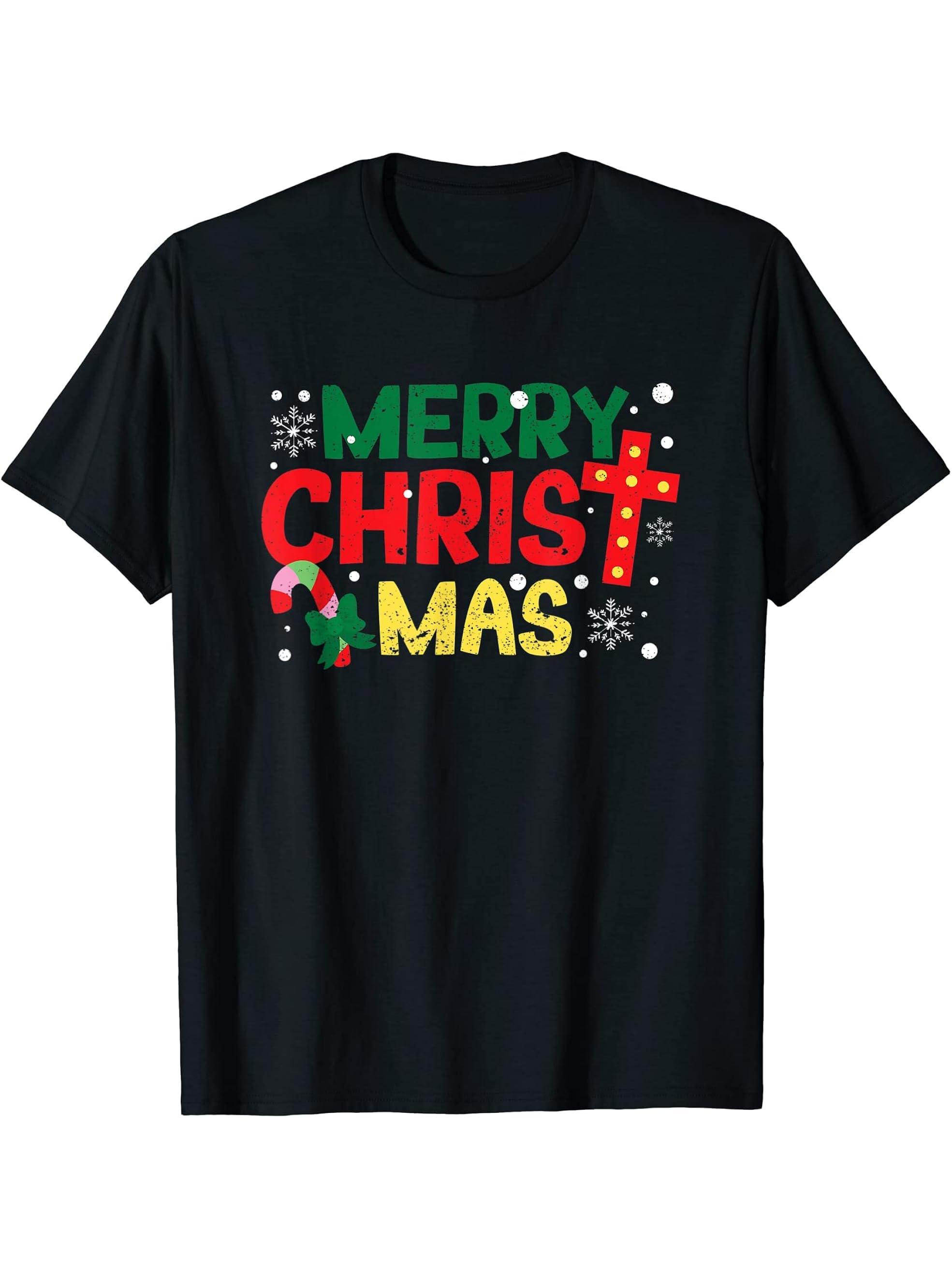Merry Christmas Christian Jesus Christ PJs Xmas Pajamas T-Shirt 180G 100% Cotton Printed Round Neck Short-Sleeve T-Shirt, Gifts for Men Dad Husband Grandpa, S-XXXL, Black