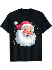 Vintage Pink Santa Claus Pink Christmas Design Men Women Boy Girl T-Shirt 180G 100% Cotton Printed Round Neck Short-Sleeve T-Shirt, Gifts for Men Dad Husband Grandpa, S-XXXL, Black