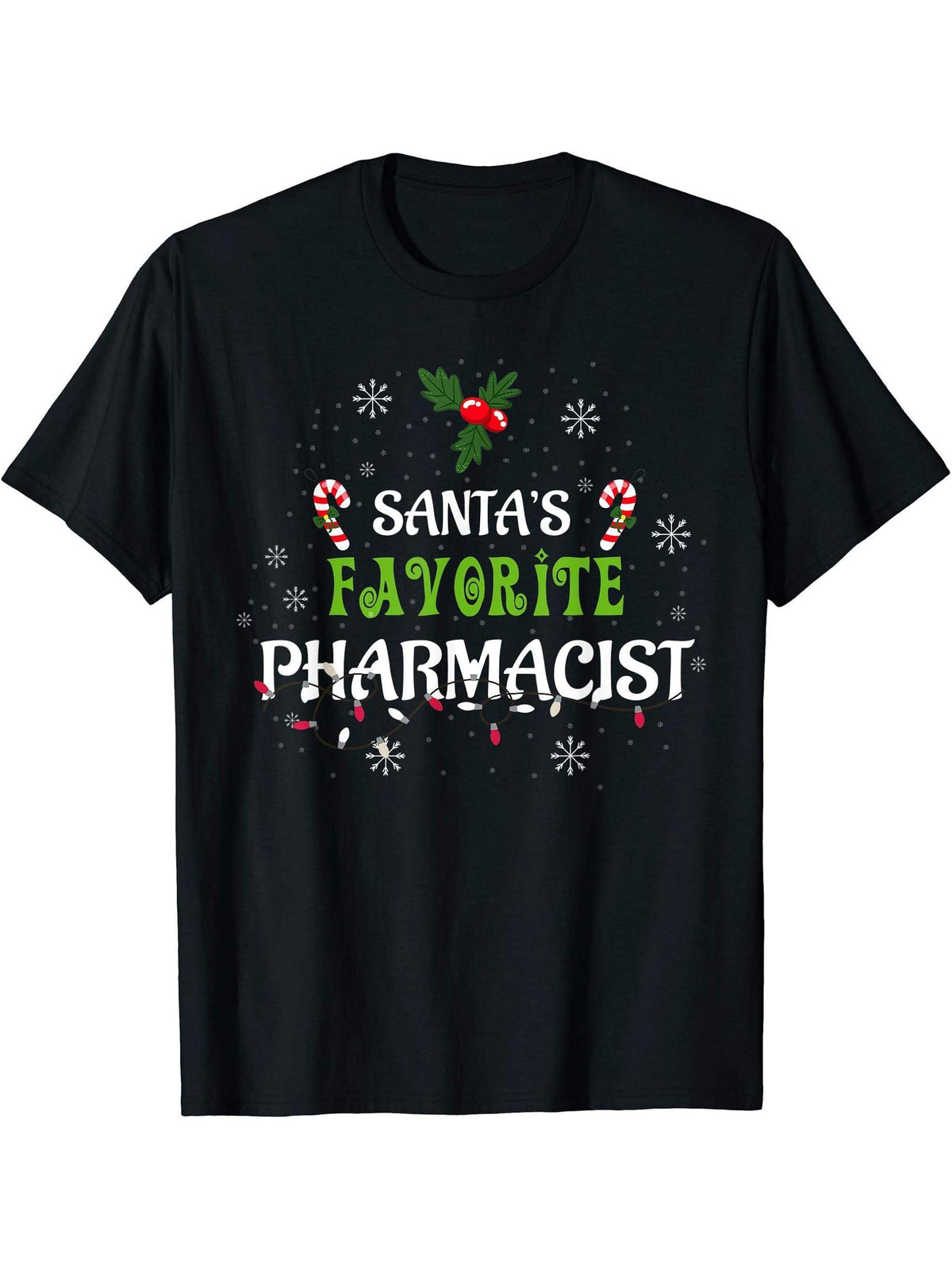 Santa's Favorite Pharmacist Christmas Pajama Gift Xmas T-Shirt 180G 100% Cotton Printed Round Neck Short-Sleeve T-Shirt, Gifts for Men Dad Husband Grandpa, S-XXXL, Black