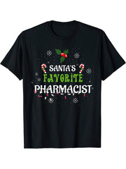 Santa's Favorite Pharmacist Christmas Pajama Gift Xmas T-Shirt 180G 100% Cotton Printed Round Neck Short-Sleeve T-Shirt, Gifts for Men Dad Husband Grandpa, S-XXXL, Black