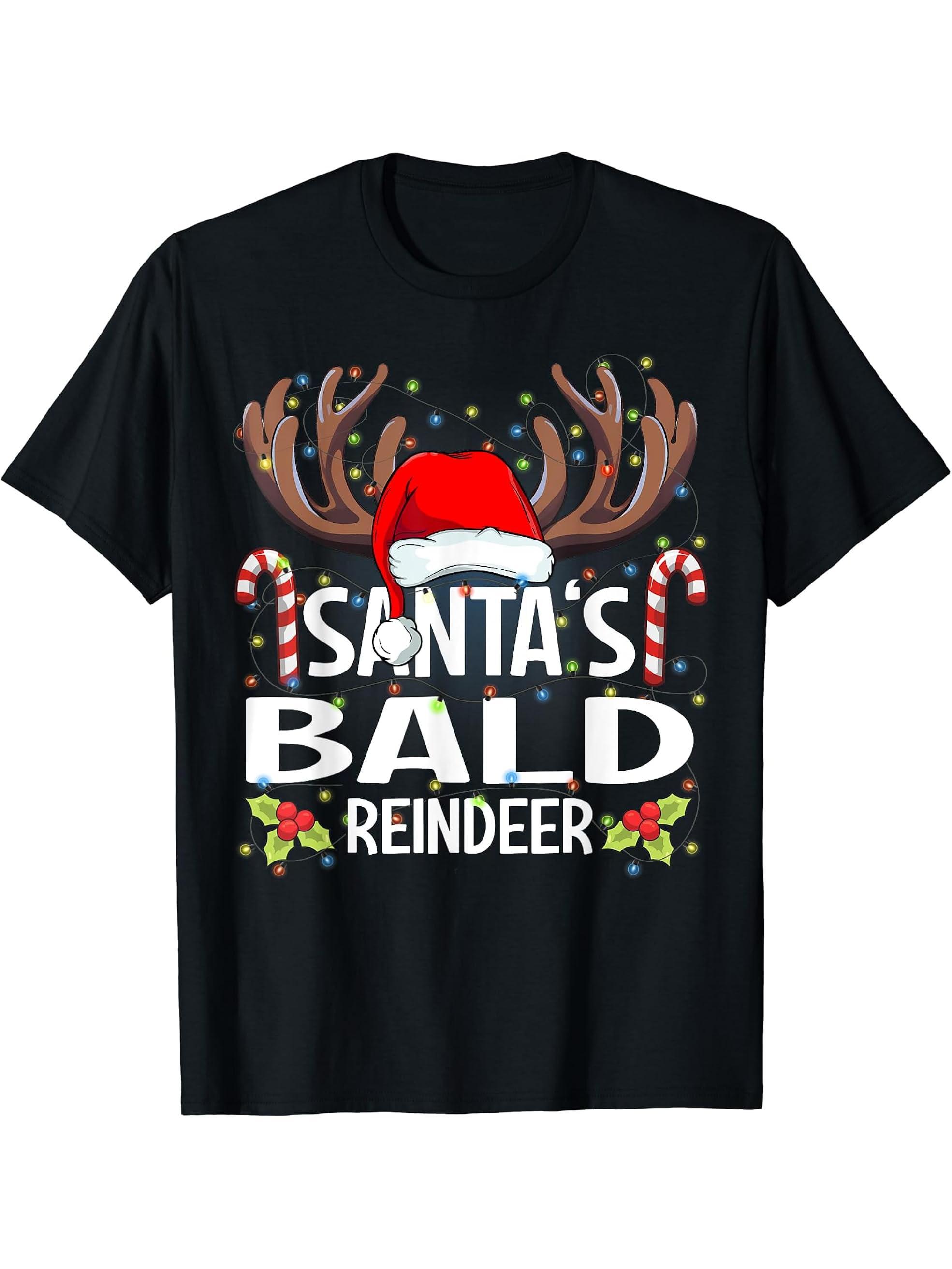Santa's Bald Reindeer Christmas Pajama T-Shirt 180G 100% Cotton Printed Round Neck Short-Sleeve T-Shirt, Gifts for Men Dad Husband Grandpa, S-XXXL, Black