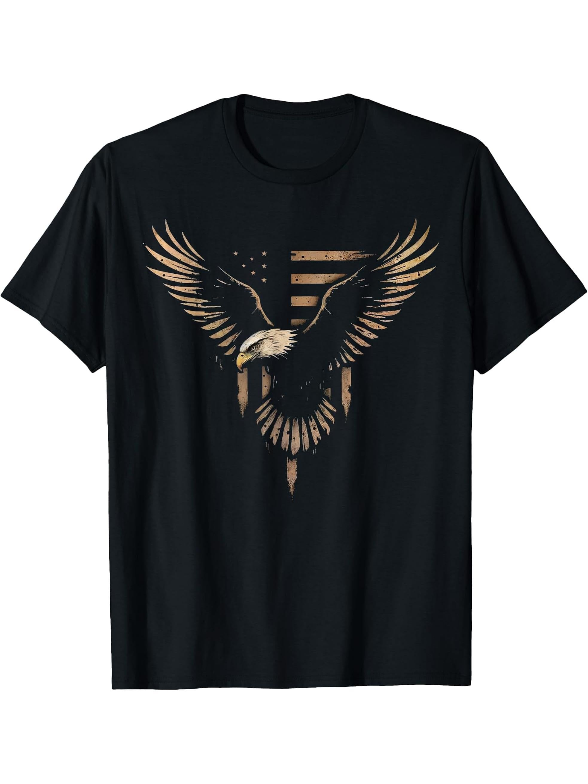 Bald Eagle US American Flag 4th Of July Proud Patriotic T-Shirt 180G 100% Cotton Printed Round Neck Short-Sleeve T-Shirt, Gifts for Men Dad Husband Grandpa, S-XXXL, Black