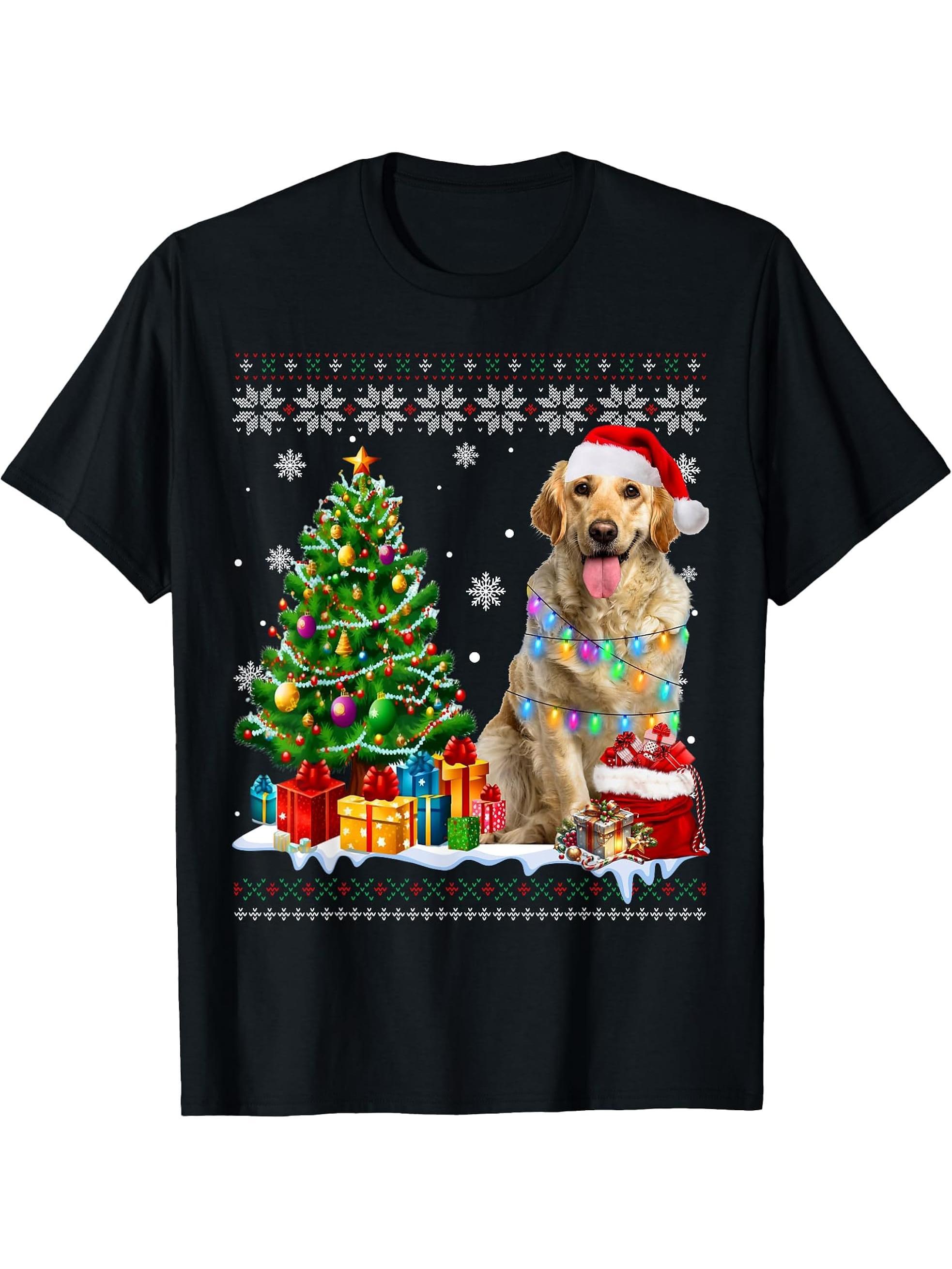 Ugly Labrador Retriever Dog Santa Hat Christmas Tree Light T-Shirt 180G 100% Cotton Printed Round Neck Short-Sleeve T-Shirt, Gifts for Men Dad Husband Grandpa, S-XXXL, Black