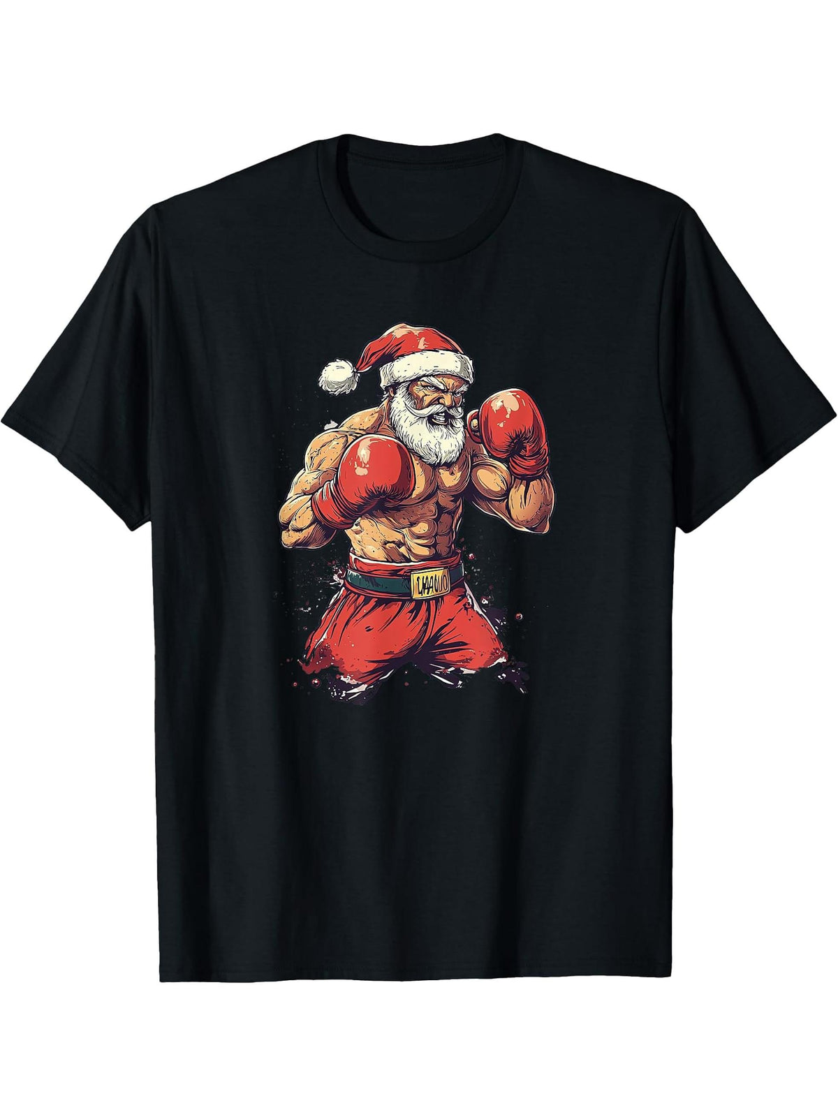 Santa Claus Boxing and Muay Thai T-Shirt 180G 100% Cotton Printed Round Neck Short-Sleeve T-Shirt, Gifts for Men Dad Husband Grandpa, S-XXXL, Black