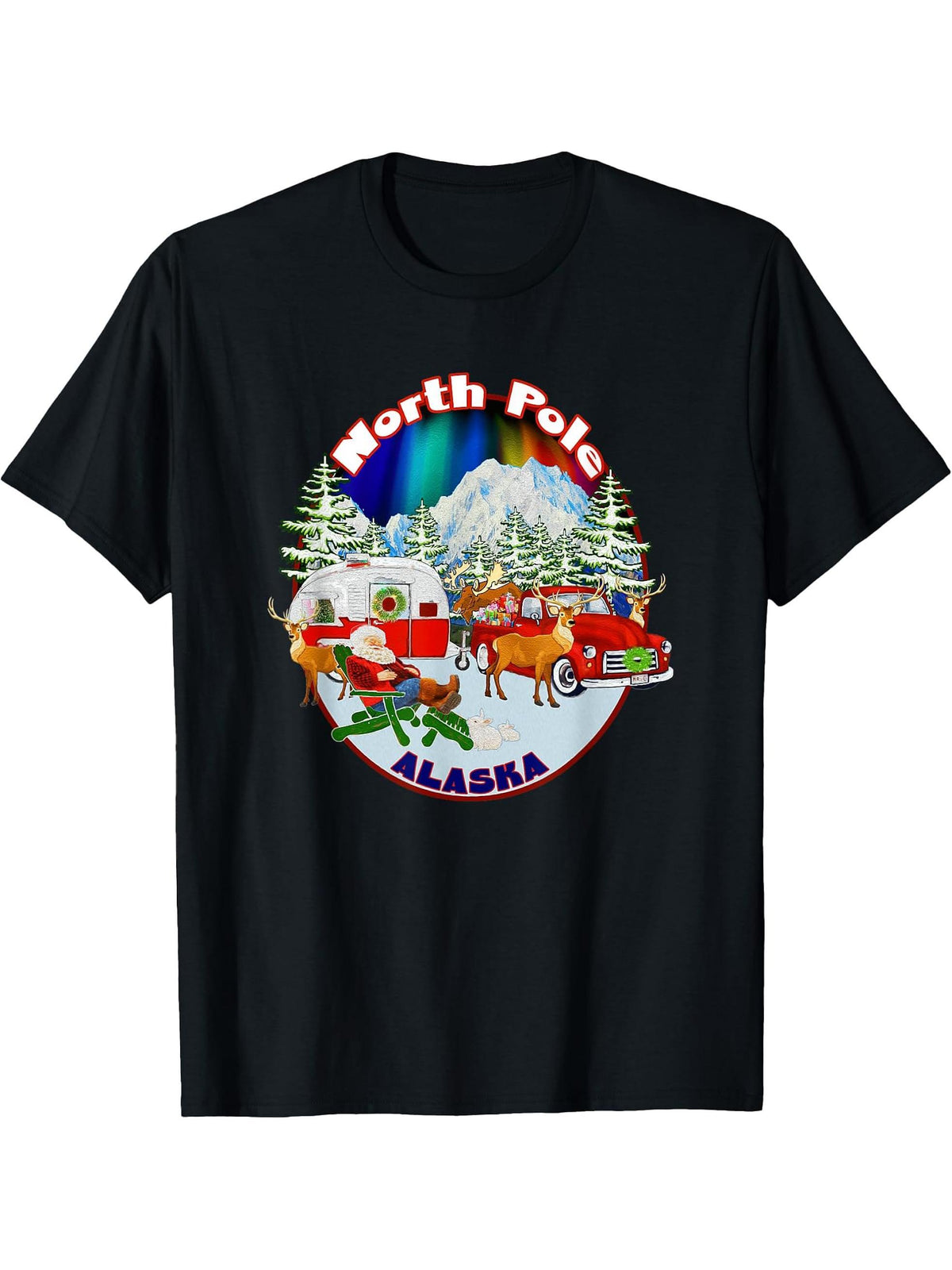 North Pole Alaska Camping Santa Aurora Borealis Souvenir T-Shirt 180G 100% Cotton Printed Round Neck Short-Sleeve T-Shirt, Gifts for Men Dad Husband Grandpa, S-XXXL, Black