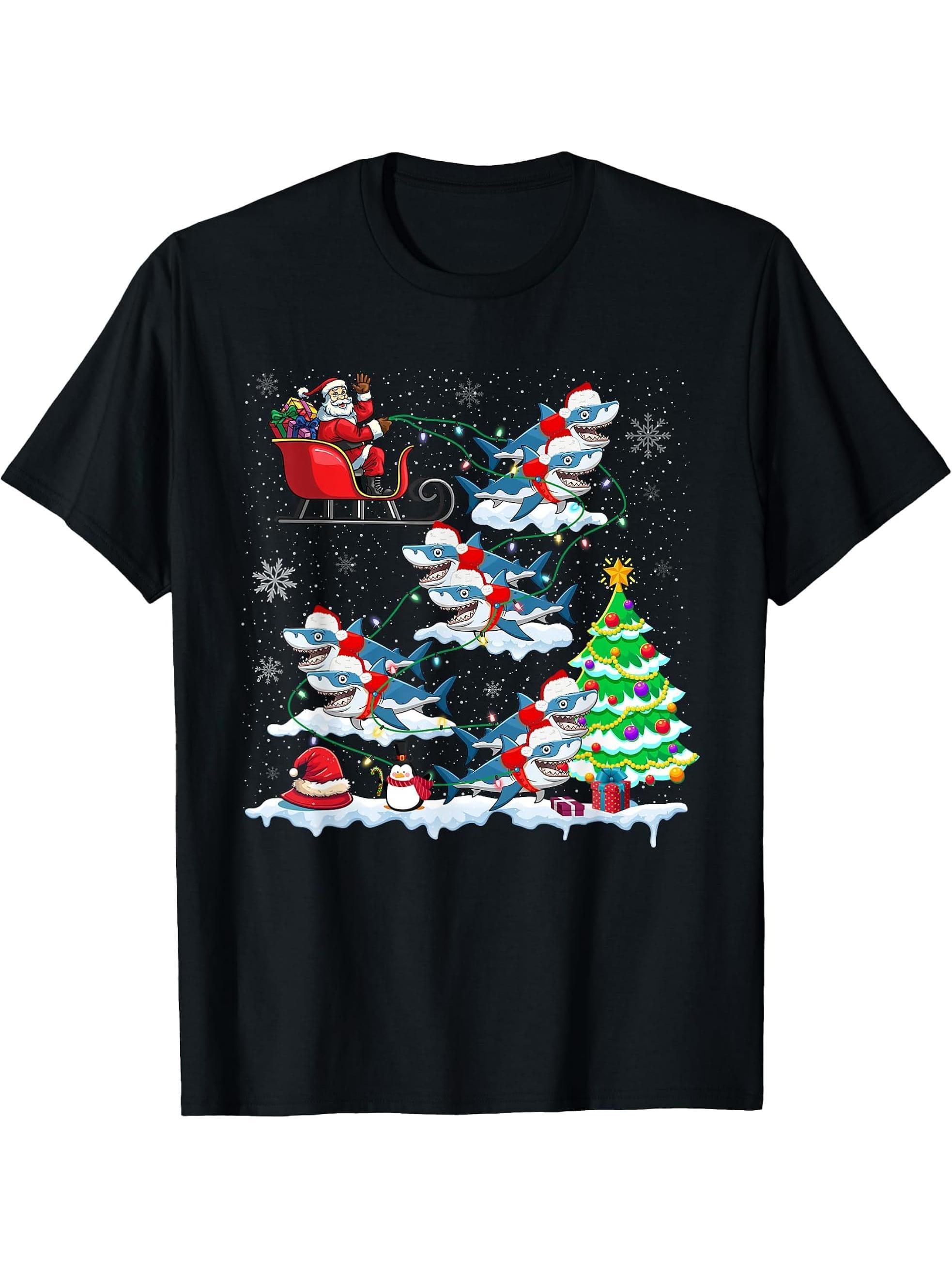 Santa Claus Riding Shark Sleigh Christmas Tree Lights Boy Girl T-Shirt 180G 100% Cotton Printed Round Neck Short-Sleeve T-Shirt, Gifts for Men Dad Husband Grandpa, S-XXXL, Black