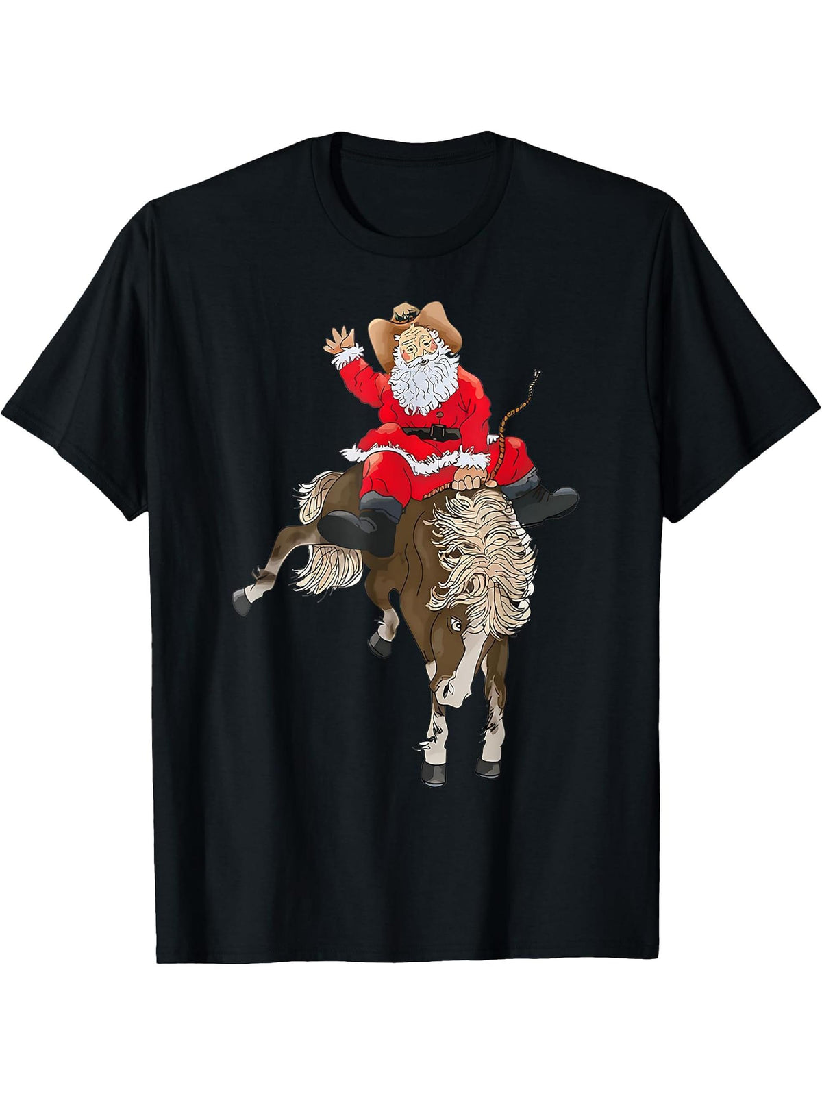 Cowboy Santa Claus Riding A Horse Christmas Cowboy Boy Girl Boys T-Shirt 180G 100% Cotton Printed Round Neck Short-Sleeve T-Shirt, Gifts for Men Dad Husband Grandpa, S-XXXL, Black