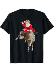 Cowboy Santa Claus Riding A Horse Christmas Cowboy Boy Girl Boys T-Shirt 180G 100% Cotton Printed Round Neck Short-Sleeve T-Shirt, Gifts for Men Dad Husband Grandpa, S-XXXL, Black
