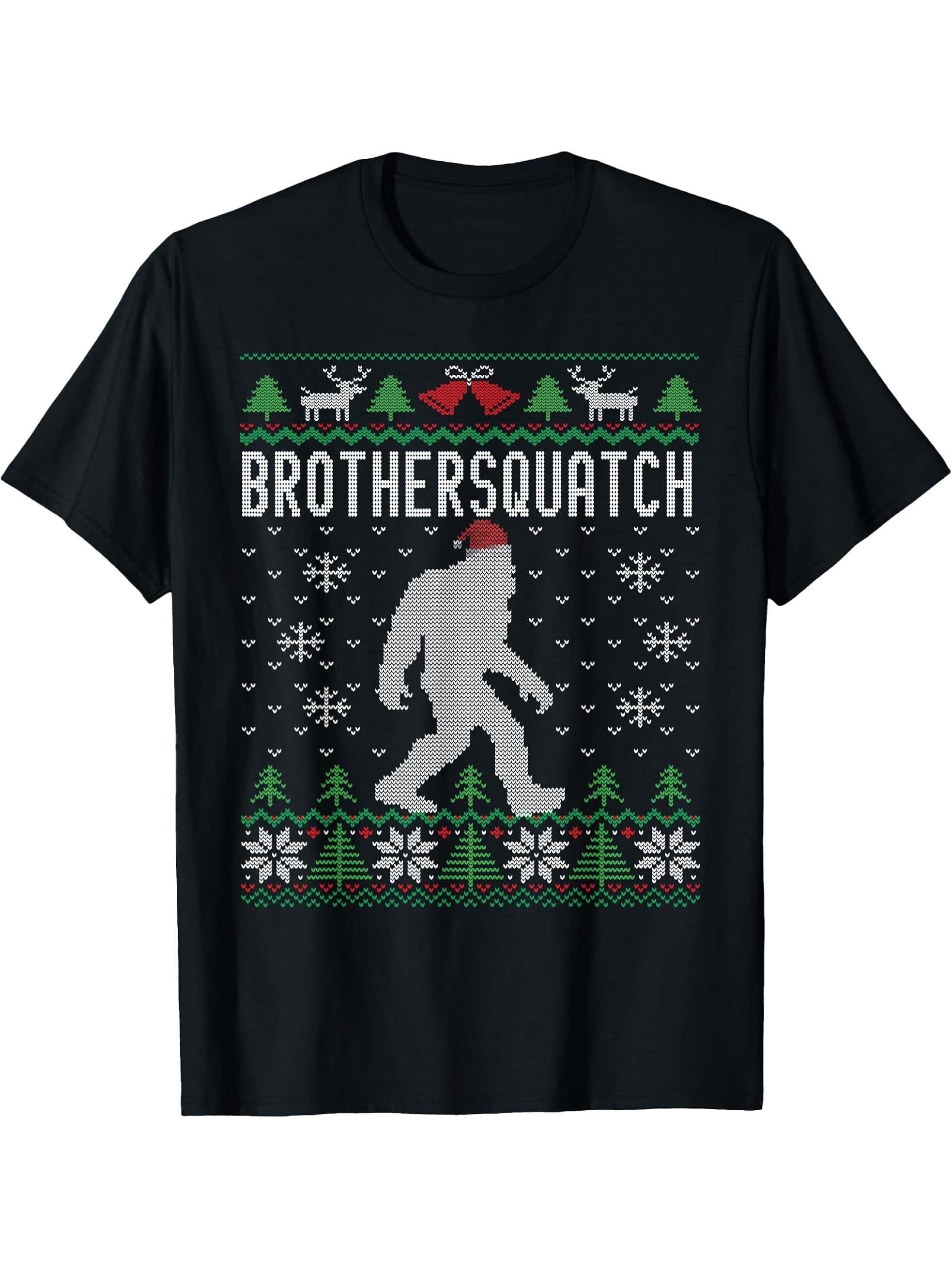 Ugly Christmas Family Sasquatch Brother T-shirt T-Shirt 180G 100% Cotton Printed Round Neck Short-Sleeve T-Shirt, Gifts for Men Dad Husband Grandpa, S-XXXL, Black