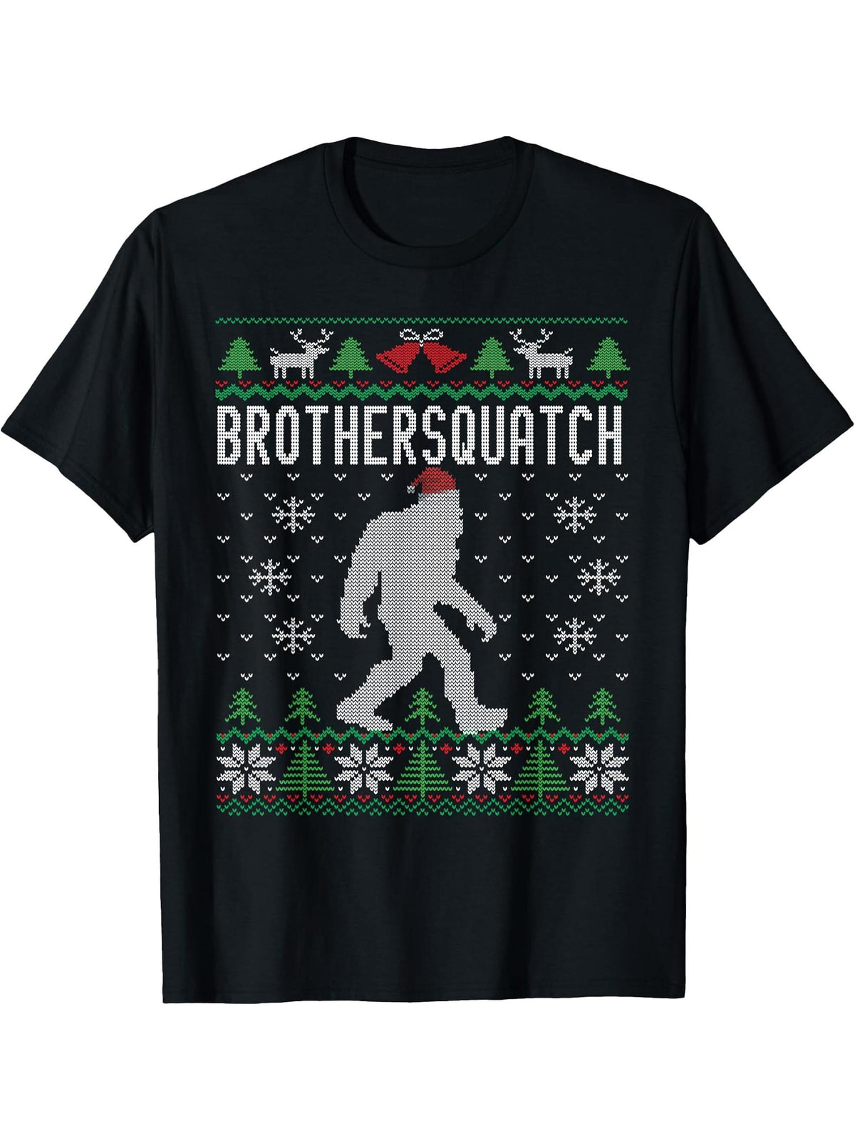 Ugly Christmas Family Sasquatch Brother T-shirt T-Shirt 180G 100% Cotton Printed Round Neck Short-Sleeve T-Shirt, Gifts for Men Dad Husband Grandpa, S-XXXL, Black
