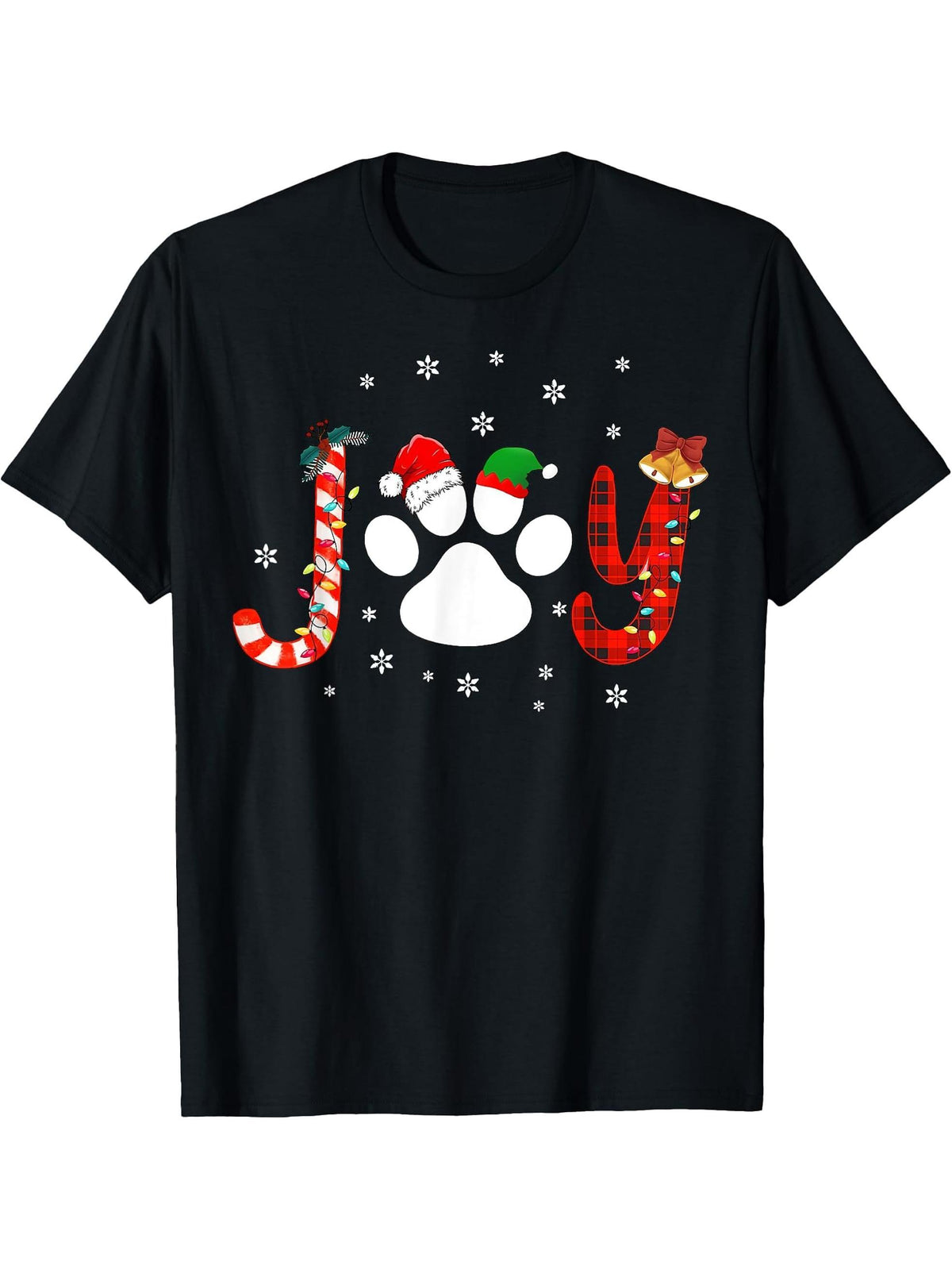 Christmas Santa Paw Joy Buffalo Red Plaid Dog Paw Print Xmas T-Shirt 180G 100% Cotton Printed Round Neck Short-Sleeve T-Shirt, Gifts for Men Dad Husband Grandpa, S-XXXL, Black