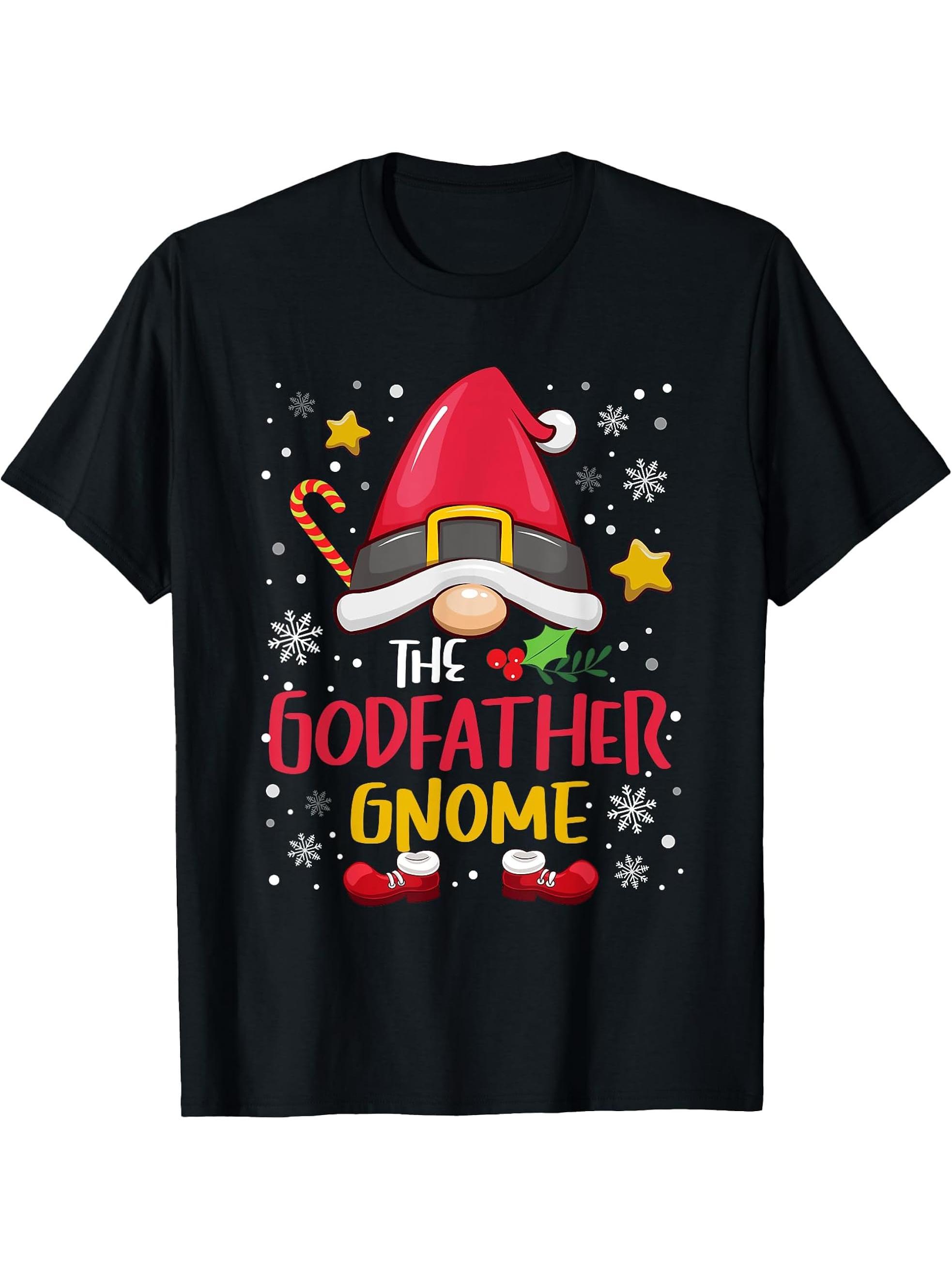 Godfather Gnome Christmas Santa Claus Xmas Family Pajamas T-Shirt 180G 100% Cotton Printed Round Neck Short-Sleeve T-Shirt, Gifts for Men Dad Husband Grandpa, S-XXXL, Black