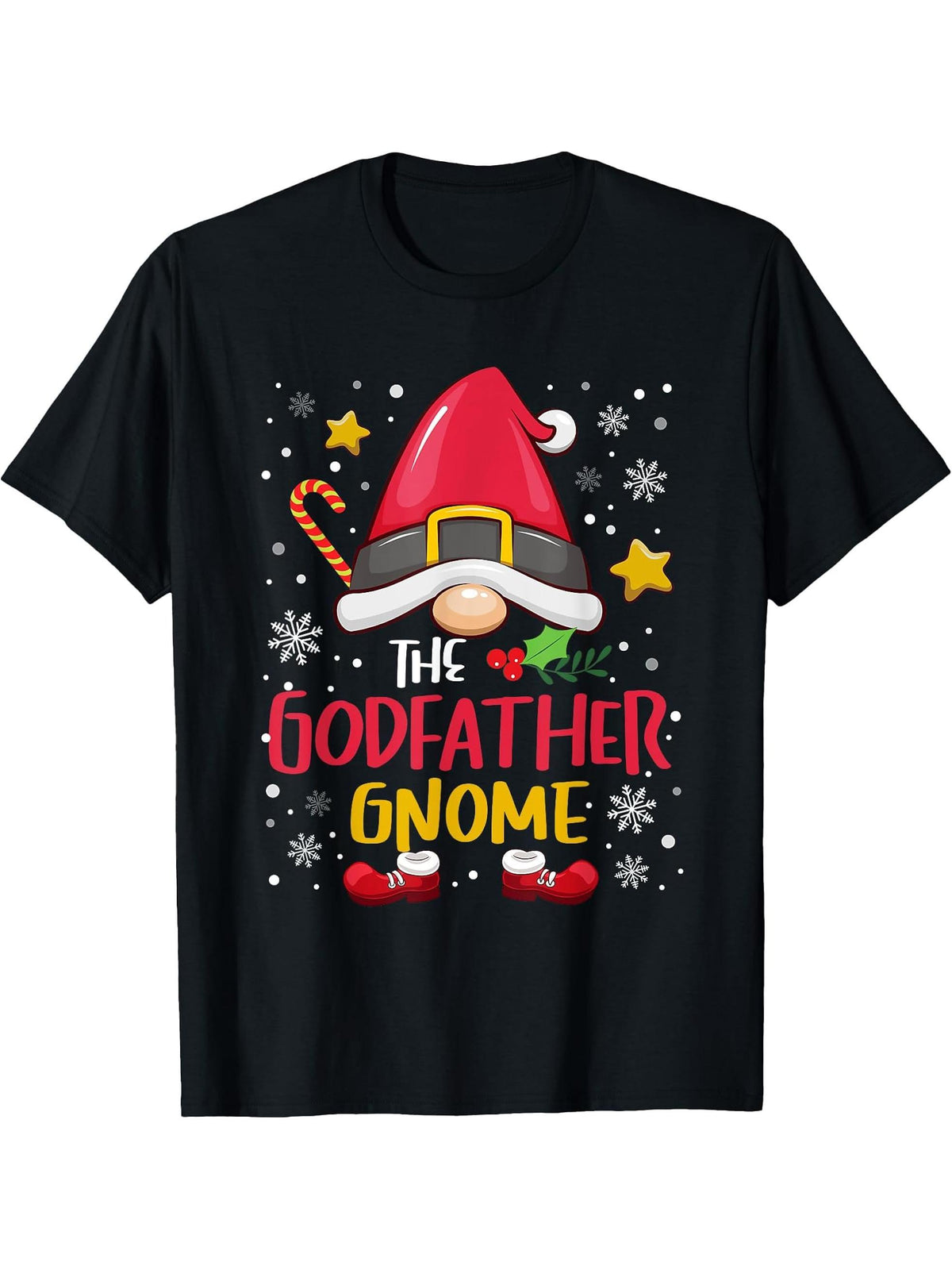 Godfather Gnome Christmas Santa Claus Xmas Family Pajamas T-Shirt 180G 100% Cotton Printed Round Neck Short-Sleeve T-Shirt, Gifts for Men Dad Husband Grandpa, S-XXXL, Black