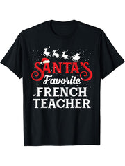 Santa's Favorite French Teacher Funny Christmas Party T-Shirt 180G 100% Cotton Printed Round Neck Short-Sleeve T-Shirt, Gifts for Men Dad Husband Grandpa, S-XXXL, Black