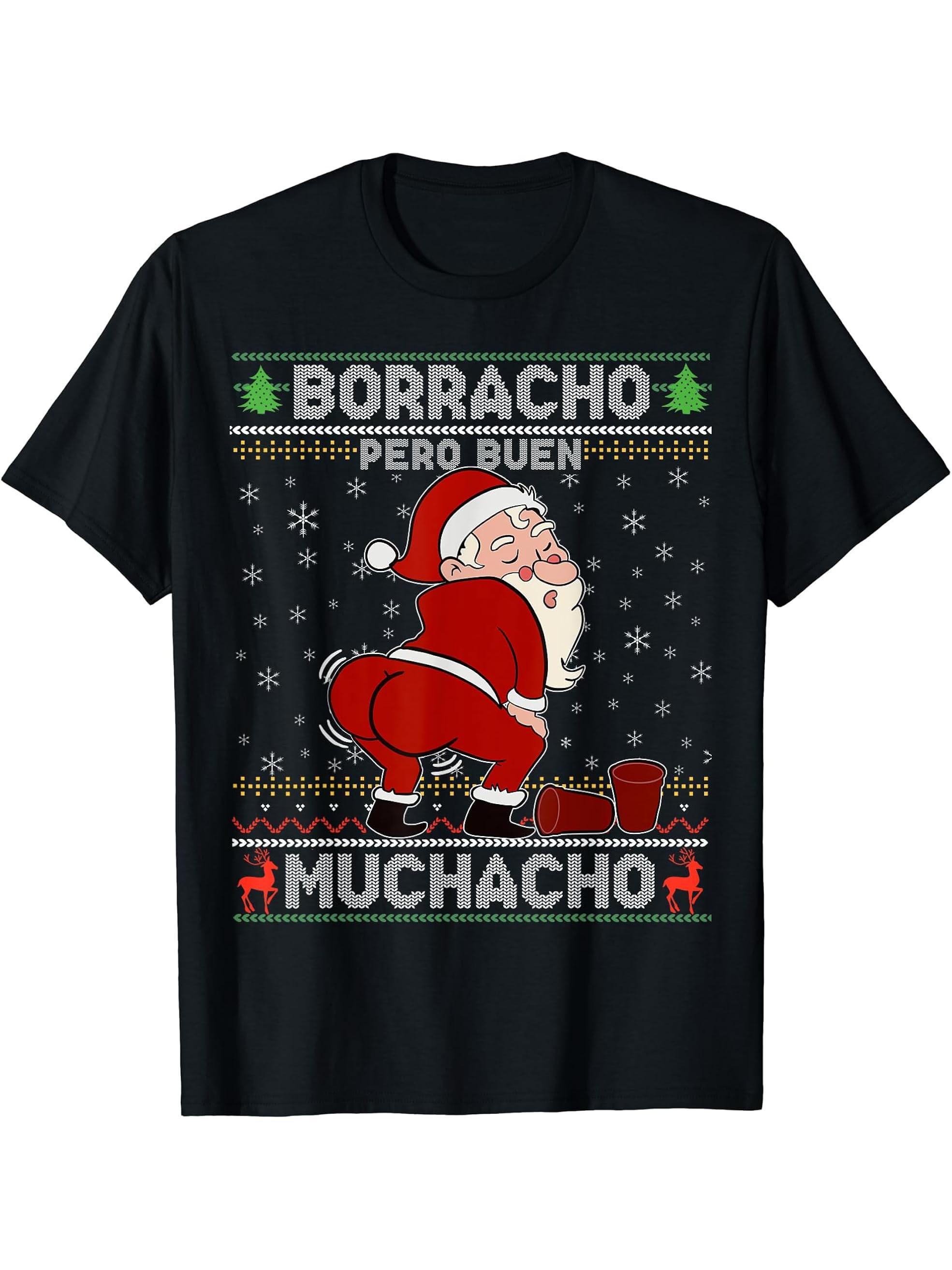Borracho pero buen muchacho Funny Santa Claus Spanish T-Shirt 180G 100% Cotton Printed Round Neck Short-Sleeve T-Shirt, Gifts for Men Dad Husband Grandpa, S-XXXL, Black