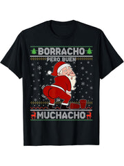 Borracho pero buen muchacho Funny Santa Claus Spanish T-Shirt 180G 100% Cotton Printed Round Neck Short-Sleeve T-Shirt, Gifts for Men Dad Husband Grandpa, S-XXXL, Black