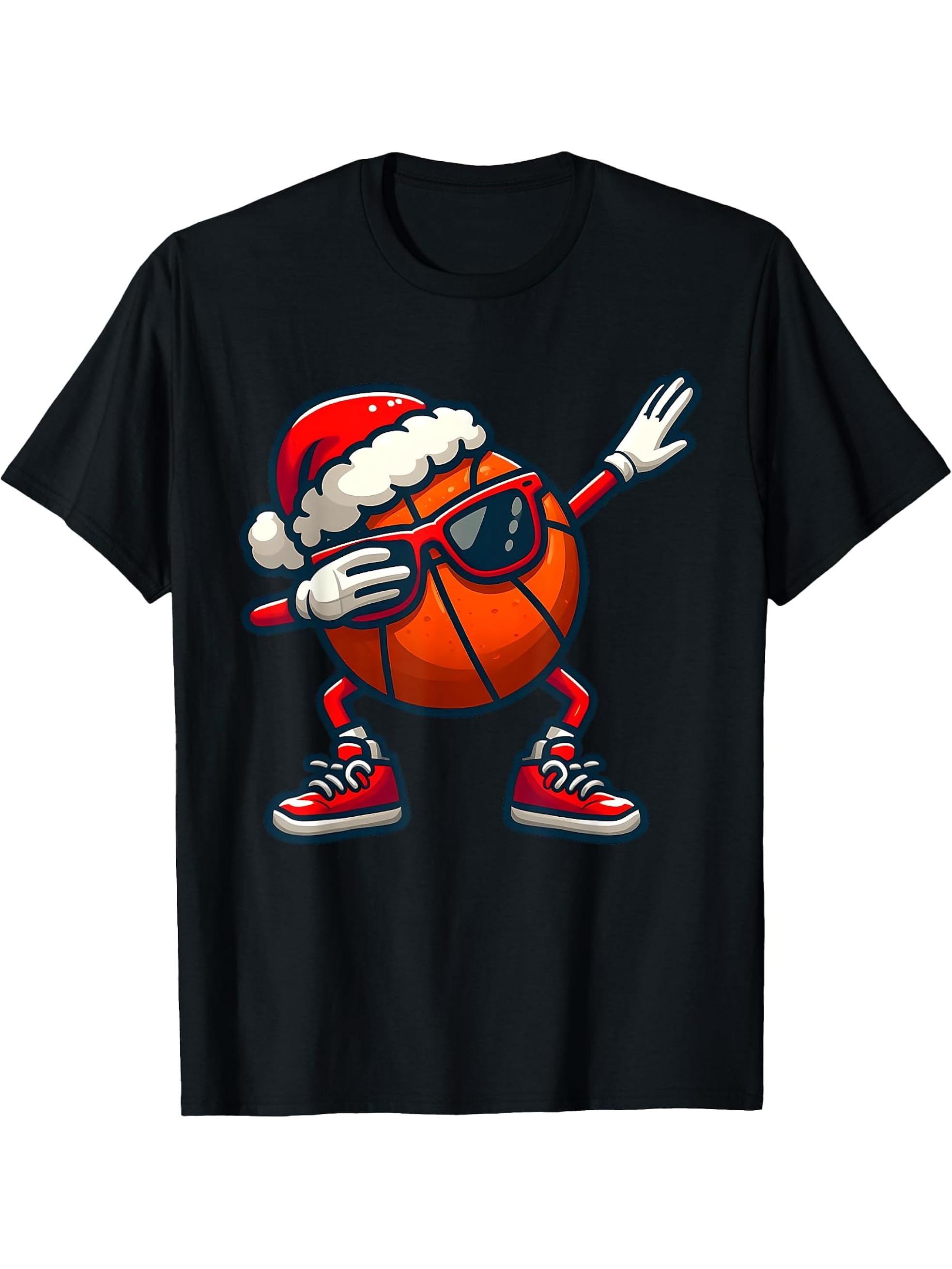 Basketball Ball Dabbing Christmas Santa Hat Player Pajamas T-Shirt 180G 100% Cotton Printed Round Neck Short-Sleeve T-Shirt, Gifts for Men Dad Husband Grandpa, S-XXXL, Black