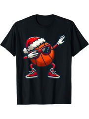 Basketball Ball Dabbing Christmas Santa Hat Player Pajamas T-Shirt 180G 100% Cotton Printed Round Neck Short-Sleeve T-Shirt, Gifts for Men Dad Husband Grandpa, S-XXXL, Black