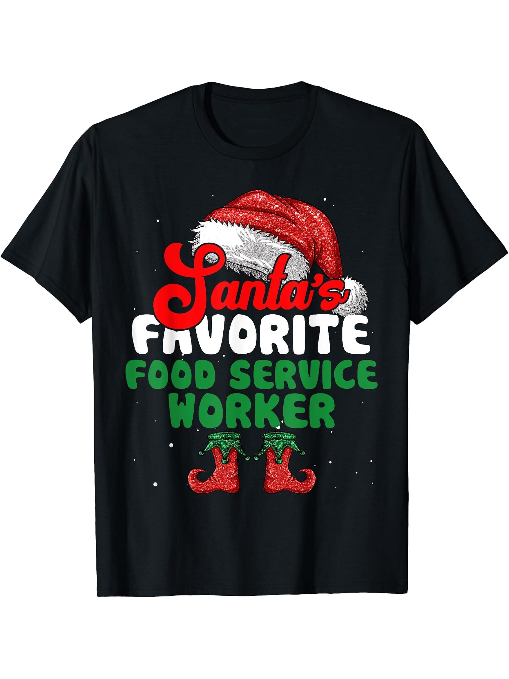 Funny Santa's Favorite Food Service Worker Festive Medical T-Shirt 180G 100% Cotton Printed Round Neck Short-Sleeve T-Shirt, Gifts for Men Dad Husband Grandpa, S-XXXL, Black
