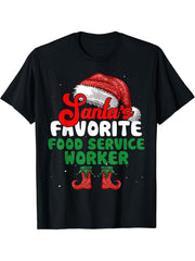 Funny Santa's Favorite Food Service Worker Festive Medical T-Shirt 180G 100% Cotton Printed Round Neck Short-Sleeve T-Shirt, Gifts for Men Dad Husband Grandpa, S-XXXL, Black