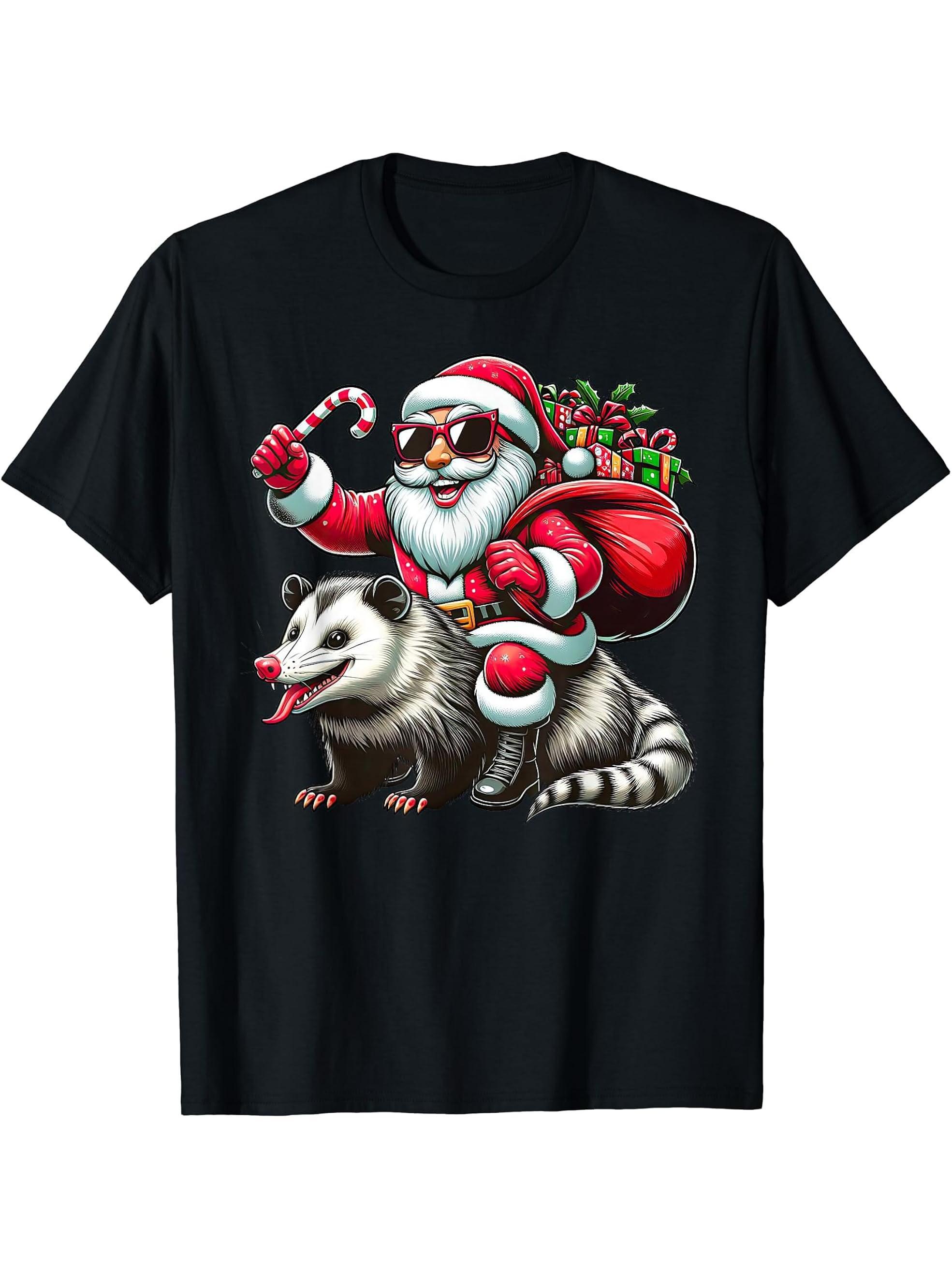 Santa Claus Riding a Opossum Christmas Boys Girls Boy Girl T-Shirt 180G 100% Cotton Printed Round Neck Short-Sleeve T-Shirt, Gifts for Men Dad Husband Grandpa, S-XXXL, Black