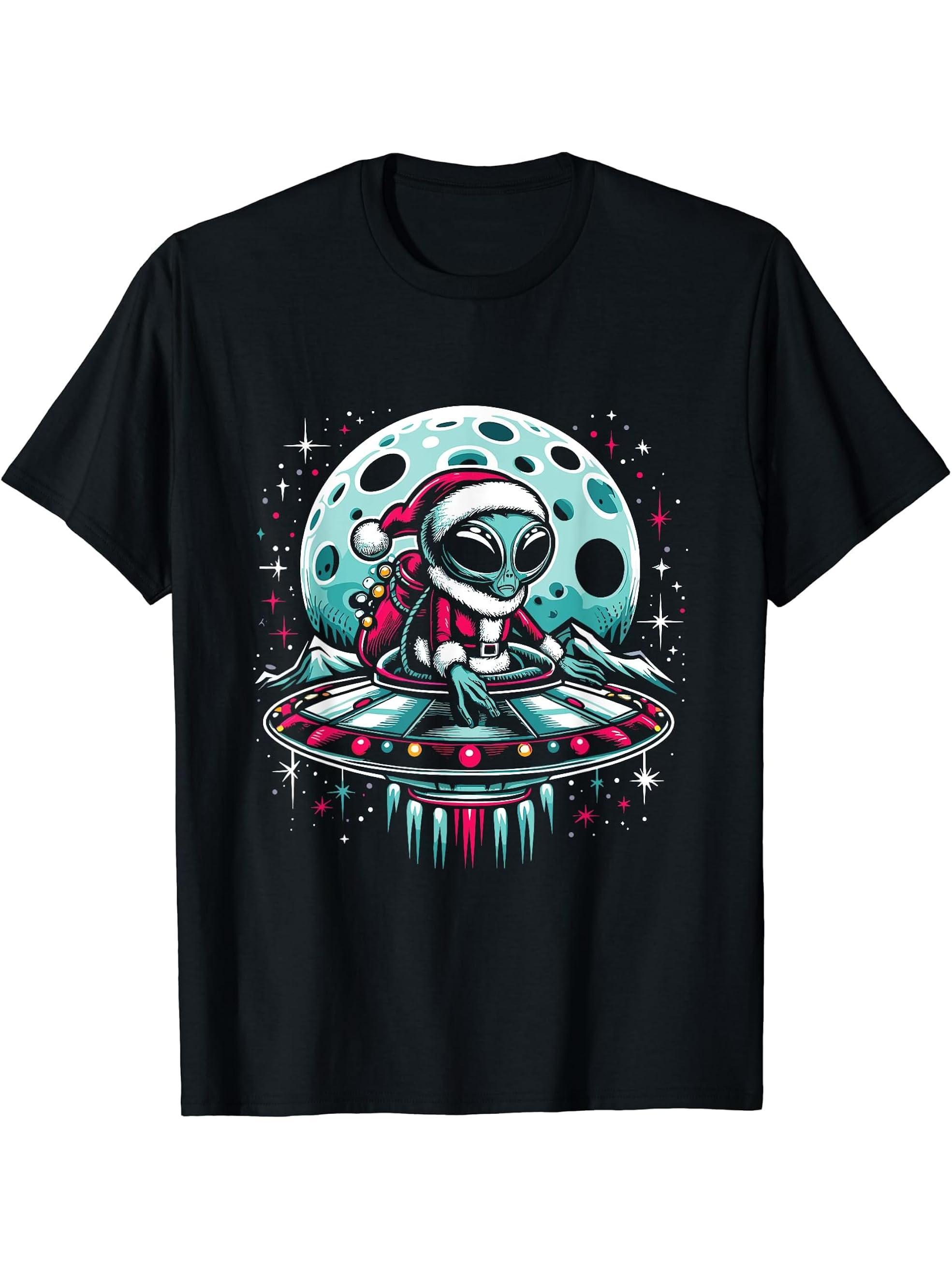 Alien Santa Hat - Funny Vintage Christmas Costume Alien Love T-Shirt 180G 100% Cotton Printed Round Neck Short-Sleeve T-Shirt, Gifts for Men Dad Husband Grandpa, S-XXXL, Black