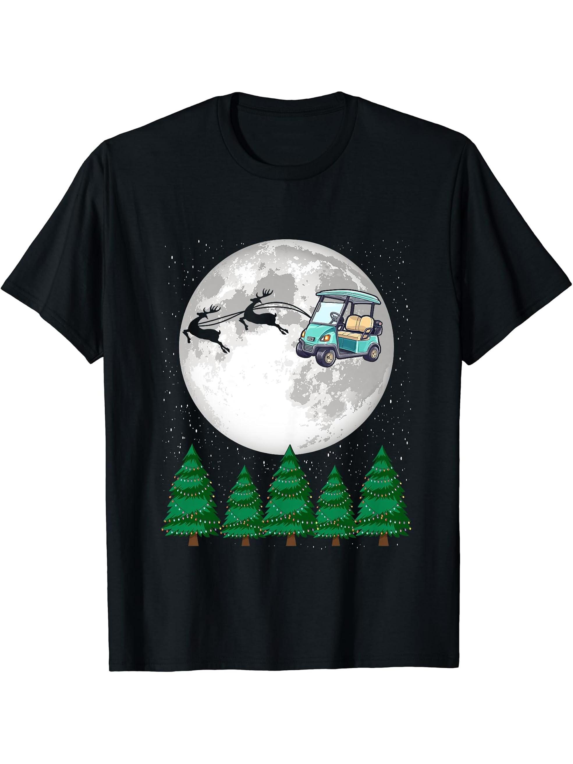 Golf Cart Santa Christmas Sleigh - Funny Golf Cart Xmas T-Shirt 180G 100% Cotton Printed Round Neck Short-Sleeve T-Shirt, Gifts for Men Dad Husband Grandpa, S-XXXL, Black