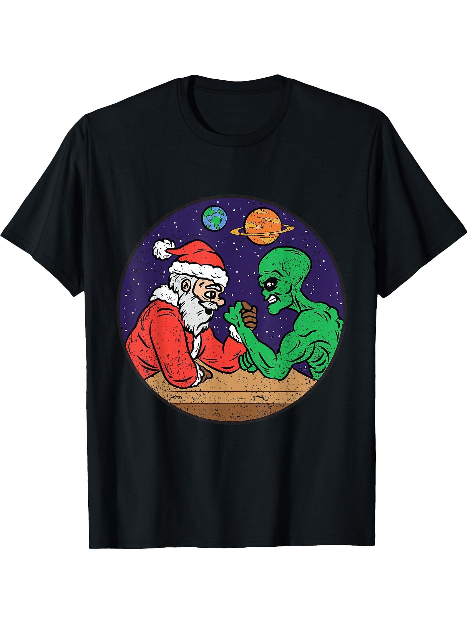 Santa Alien Arm Wrestling Christmas Pajama Funny X-Mas UFO T-Shirt 180G 100% Cotton Printed Round Neck Short-Sleeve T-Shirt, Gifts for Men Dad Husband Grandpa, S-XXXL, Black