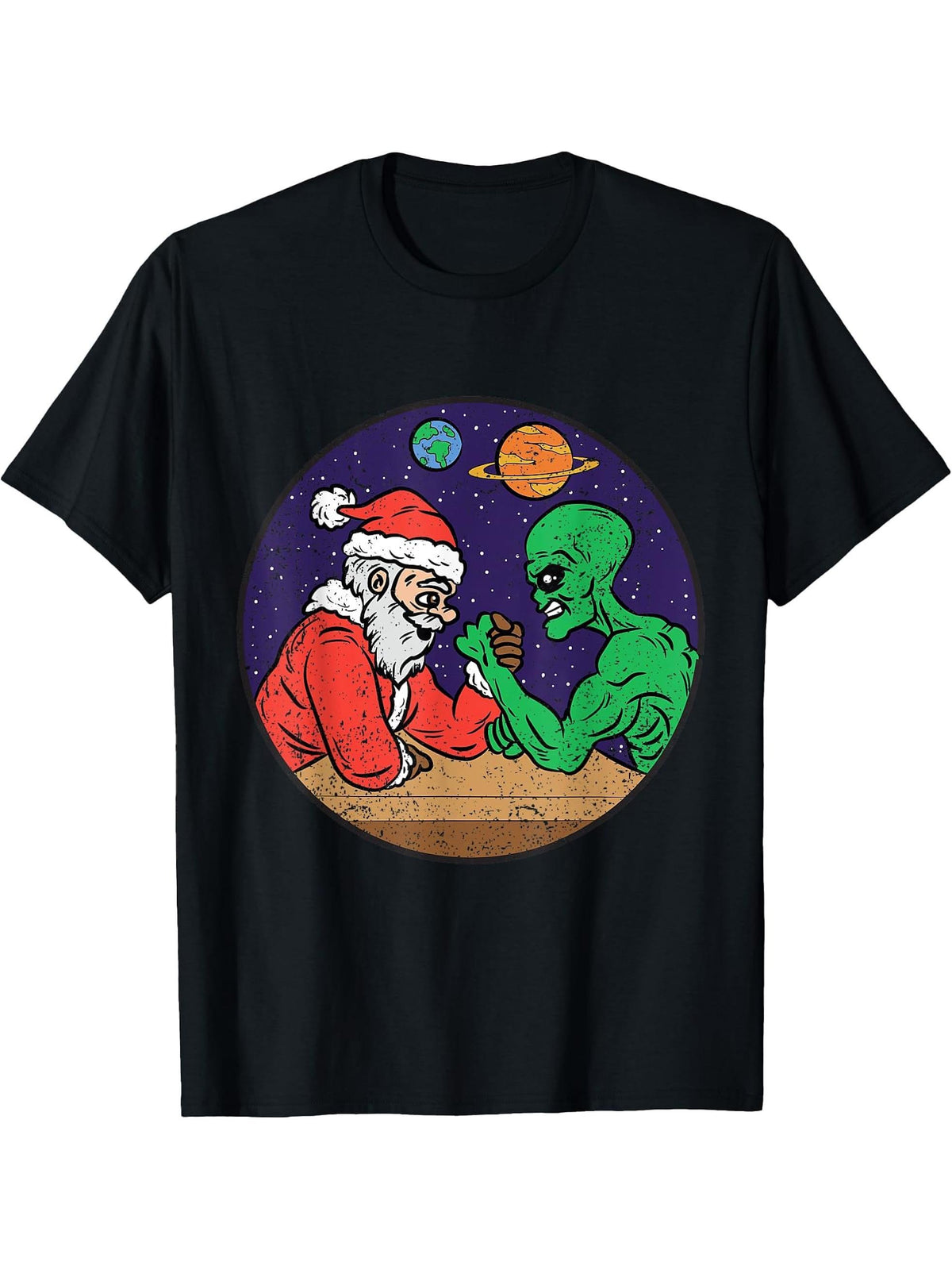 Santa Alien Arm Wrestling Christmas Pajama Funny X-Mas UFO T-Shirt 180G 100% Cotton Printed Round Neck Short-Sleeve T-Shirt, Gifts for Men Dad Husband Grandpa, S-XXXL, Black