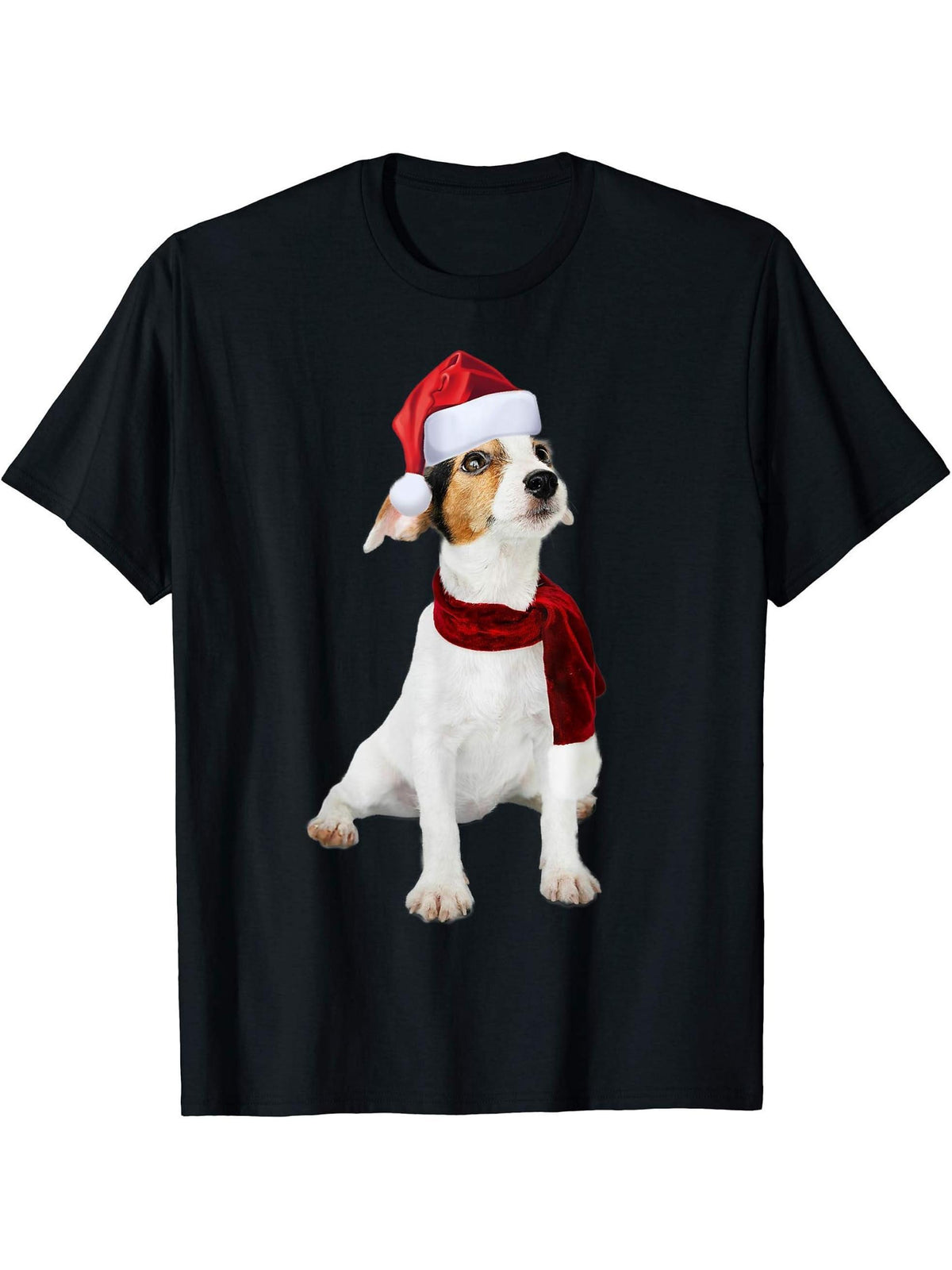 Cute Jack Russell Shirt Santa Hat Scarf Funny Christmas Gift T-Shirt 180G 100% Cotton Printed Round Neck Short-Sleeve T-Shirt, Gifts for Men Dad Husband Grandpa, S-XXXL, Black