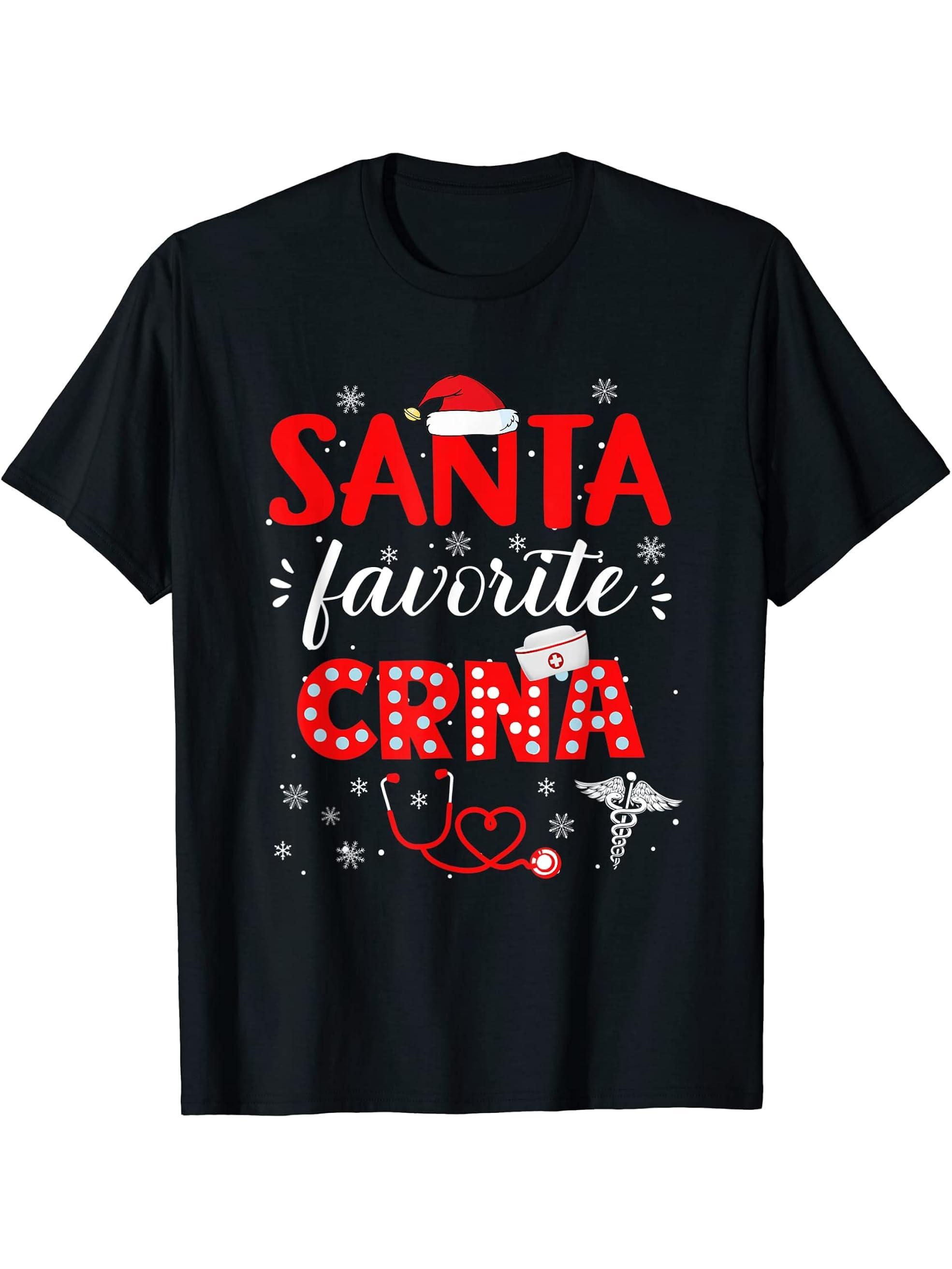 Santa favorite CRNA for christmas in hospital T-Shirt 180G 100% Cotton Printed Round Neck Short-Sleeve T-Shirt, Gifts for Men Dad Husband Grandpa, S-XXXL, Black