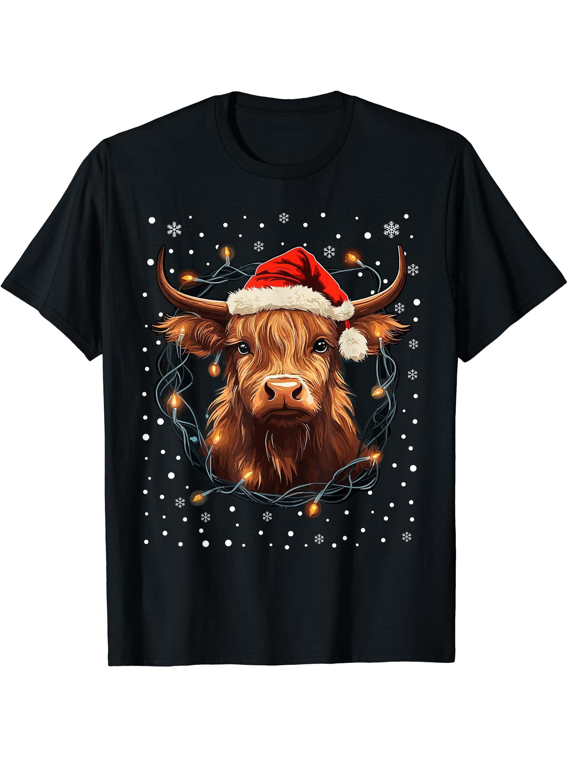 Cute Highland Cow Christmas Lights Santa Hat Xmas Pajama T-Shirt 180G 100% Cotton Printed Round Neck Short-Sleeve T-Shirt, Gifts for Men Dad Husband Grandpa, S-XXXL, Black