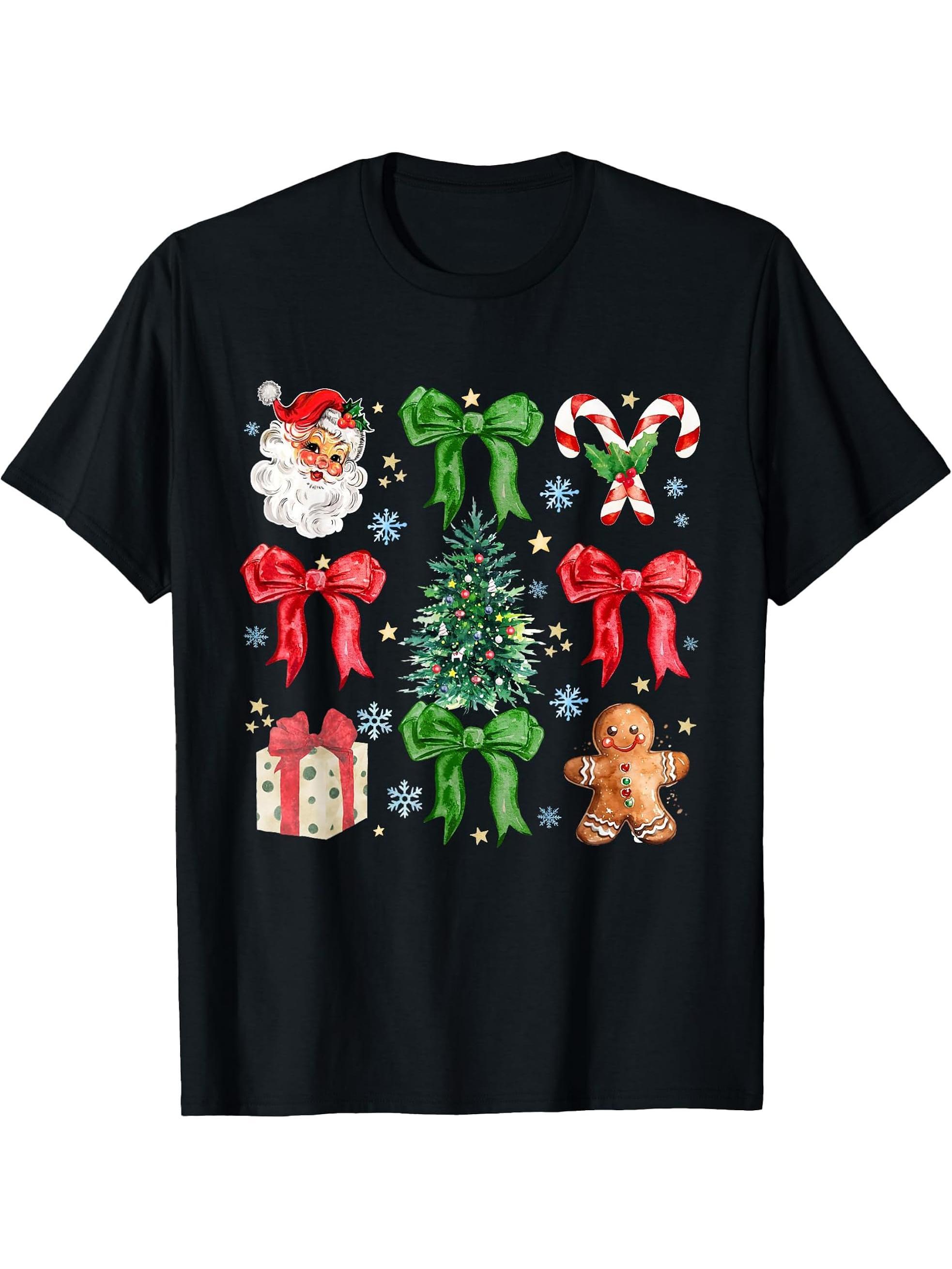 Coquette Bow Christmas Tree Coquette Bow Santa CandyCanes T-Shirt 180G 100% Cotton Printed Round Neck Short-Sleeve T-Shirt, Gifts for Men Dad Husband Grandpa, S-XXXL, Black