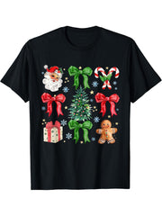 Coquette Bow Christmas Tree Coquette Bow Santa CandyCanes T-Shirt 180G 100% Cotton Printed Round Neck Short-Sleeve T-Shirt, Gifts for Men Dad Husband Grandpa, S-XXXL, Black