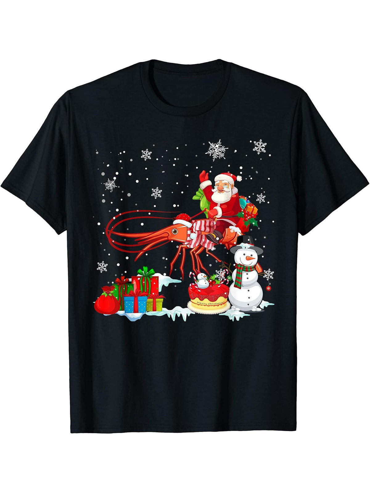 Santa Riding Shrimp Christmas Pajama Family Snowman T-Shirt 180G 100% Cotton Printed Round Neck Short-Sleeve T-Shirt, Gifts for Men Dad Husband Grandpa, S-XXXL, Black