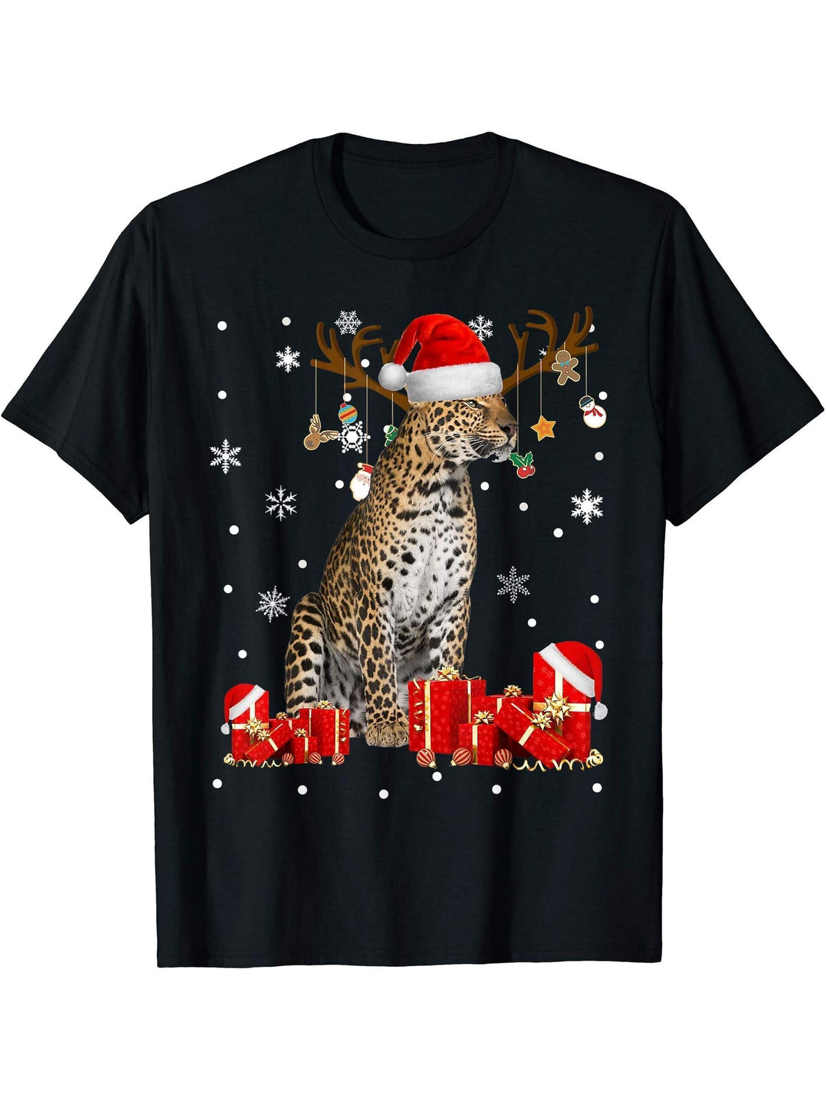 Christmas Leopard Funny Santa Reindeer Leopard Lover Gifts T-Shirt 180G 100% Cotton Printed Round Neck Short-Sleeve T-Shirt, Gifts for Men Dad Husband Grandpa, S-XXXL, Black
