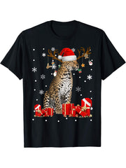 Christmas Leopard Funny Santa Reindeer Leopard Lover Gifts T-Shirt 180G 100% Cotton Printed Round Neck Short-Sleeve T-Shirt, Gifts for Men Dad Husband Grandpa, S-XXXL, Black