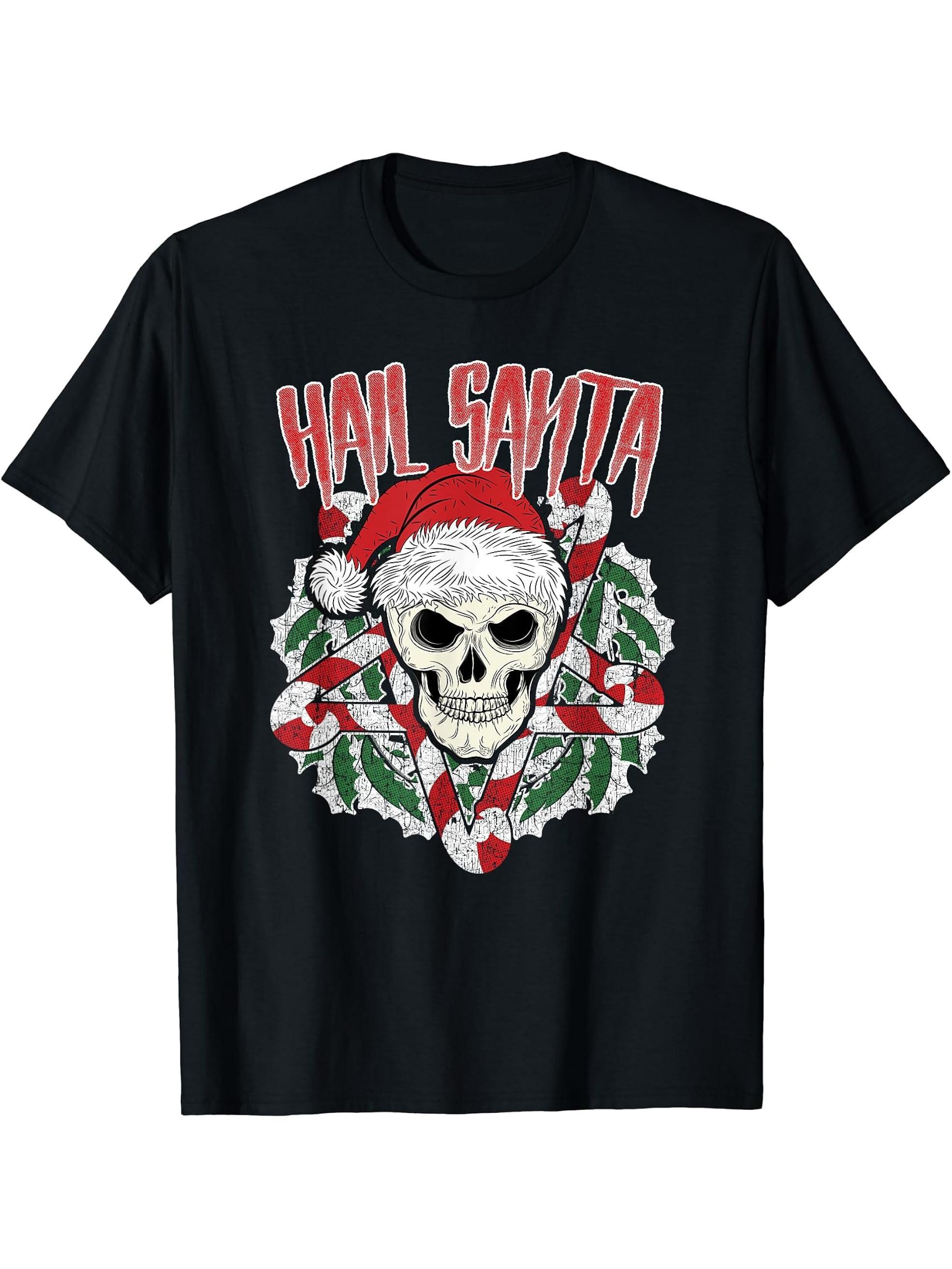Hail Santa Ugly Christmas Skull Pentagram T-Shirt 180G 100% Cotton Printed Round Neck Short-Sleeve T-Shirt, Gifts for Men Dad Husband Grandpa, S-XXXL, Black