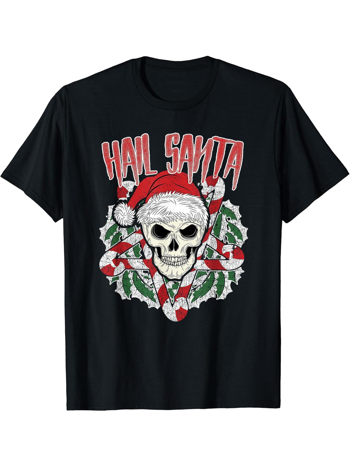 Hail Santa Ugly Christmas Skull Pentagram T-Shirt 180G 100% Cotton Printed Round Neck Short-Sleeve T-Shirt, Gifts for Men Dad Husband Grandpa, S-XXXL, Black