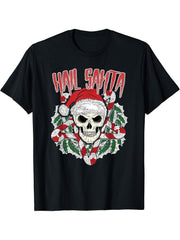 Hail Santa Ugly Christmas Skull Pentagram T-Shirt 180G 100% Cotton Printed Round Neck Short-Sleeve T-Shirt, Gifts for Men Dad Husband Grandpa, S-XXXL, Black