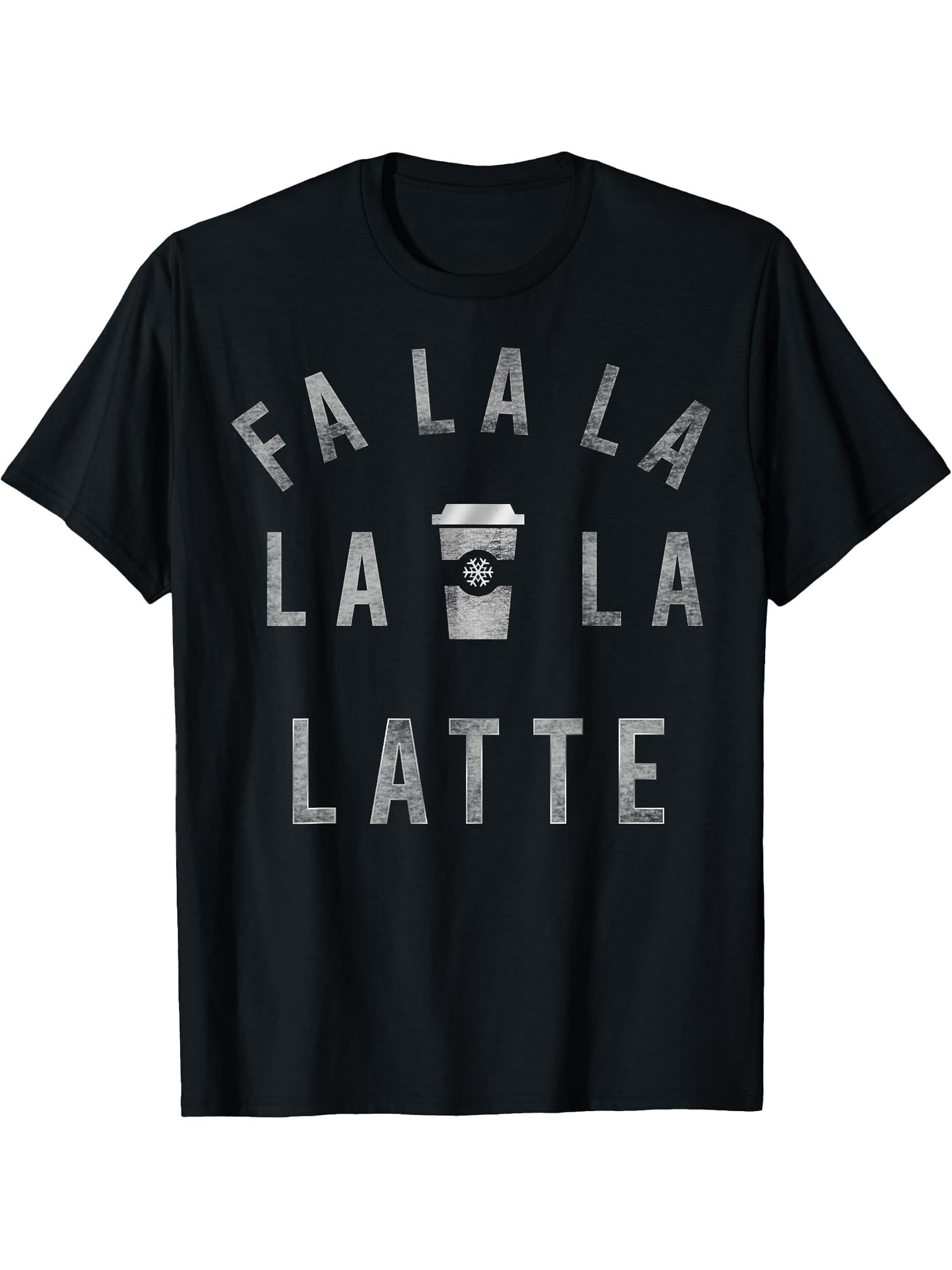 Fa La La La Latte Christmas Coffee Silver T-Shirt 180G 100% Cotton Printed Round Neck Short-Sleeve T-Shirt, Gifts for Men Dad Husband Grandpa, S-XXXL, Black