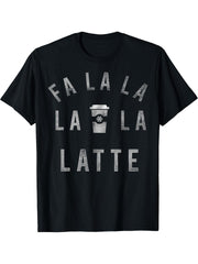 Fa La La La Latte Christmas Coffee Silver T-Shirt 180G 100% Cotton Printed Round Neck Short-Sleeve T-Shirt, Gifts for Men Dad Husband Grandpa, S-XXXL, Black