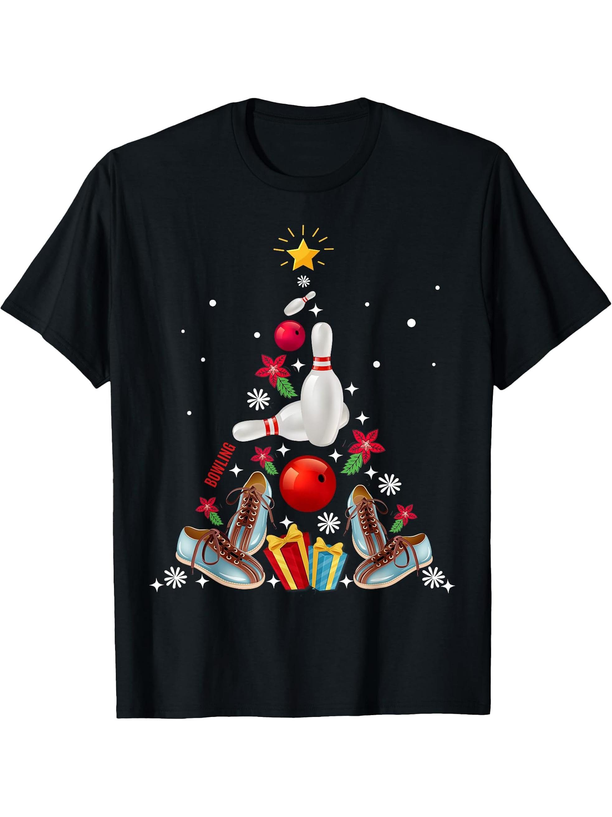 Funny Bowling Christmas Tree Ornament Decor Merry Christmas T-Shirt 180G 100% Cotton Printed Round Neck Short-Sleeve T-Shirt, Gifts for Men Dad Husband Grandpa, S-XXXL, Black