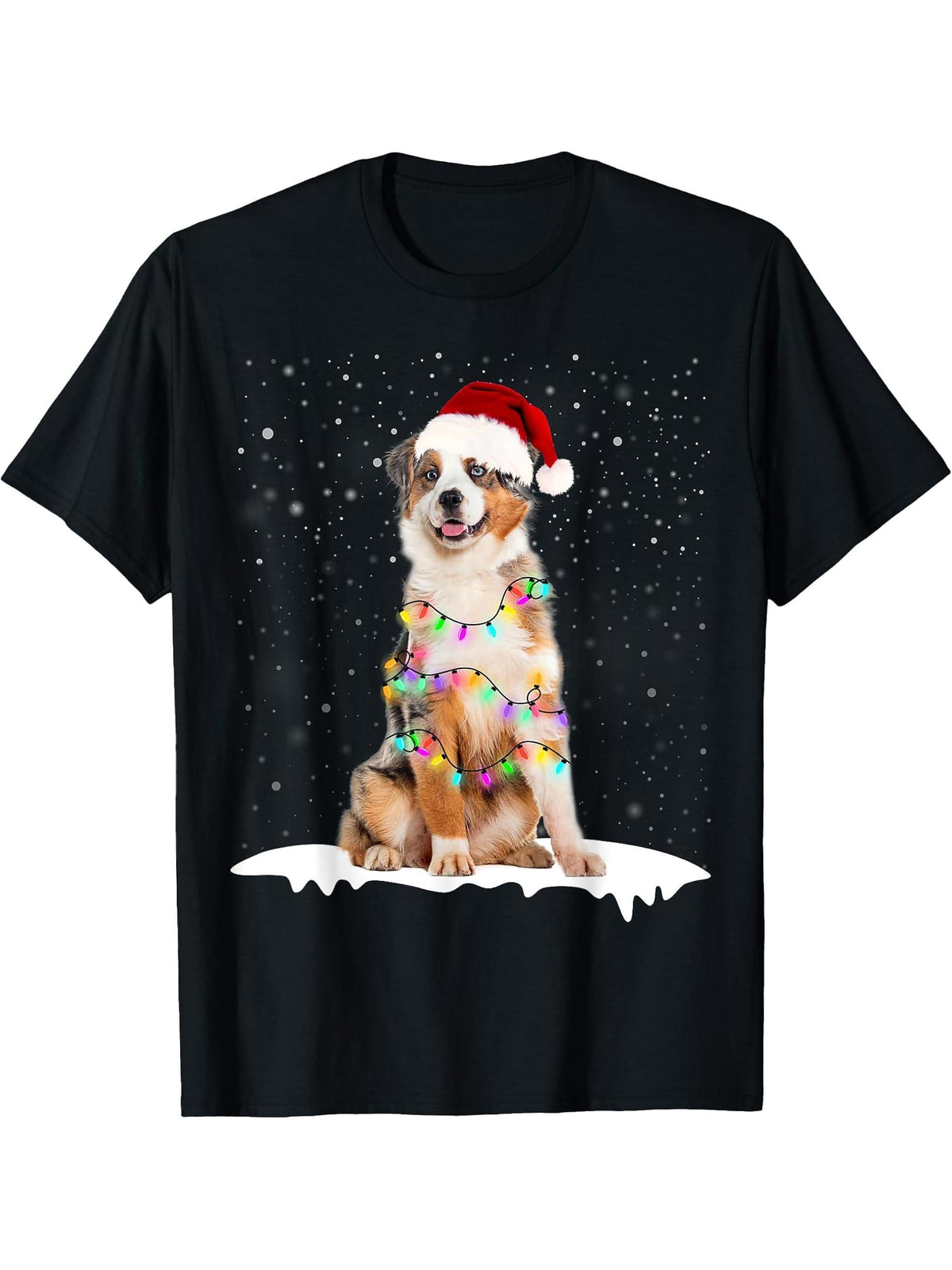 Santa Australian Shepherd Christmas Light Pajama Dog X-mas T-Shirt 180G 100% Cotton Printed Round Neck Short-Sleeve T-Shirt, Gifts for Men Dad Husband Grandpa, S-XXXL, Black