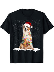 Santa Australian Shepherd Christmas Light Pajama Dog X-mas T-Shirt 180G 100% Cotton Printed Round Neck Short-Sleeve T-Shirt, Gifts for Men Dad Husband Grandpa, S-XXXL, Black