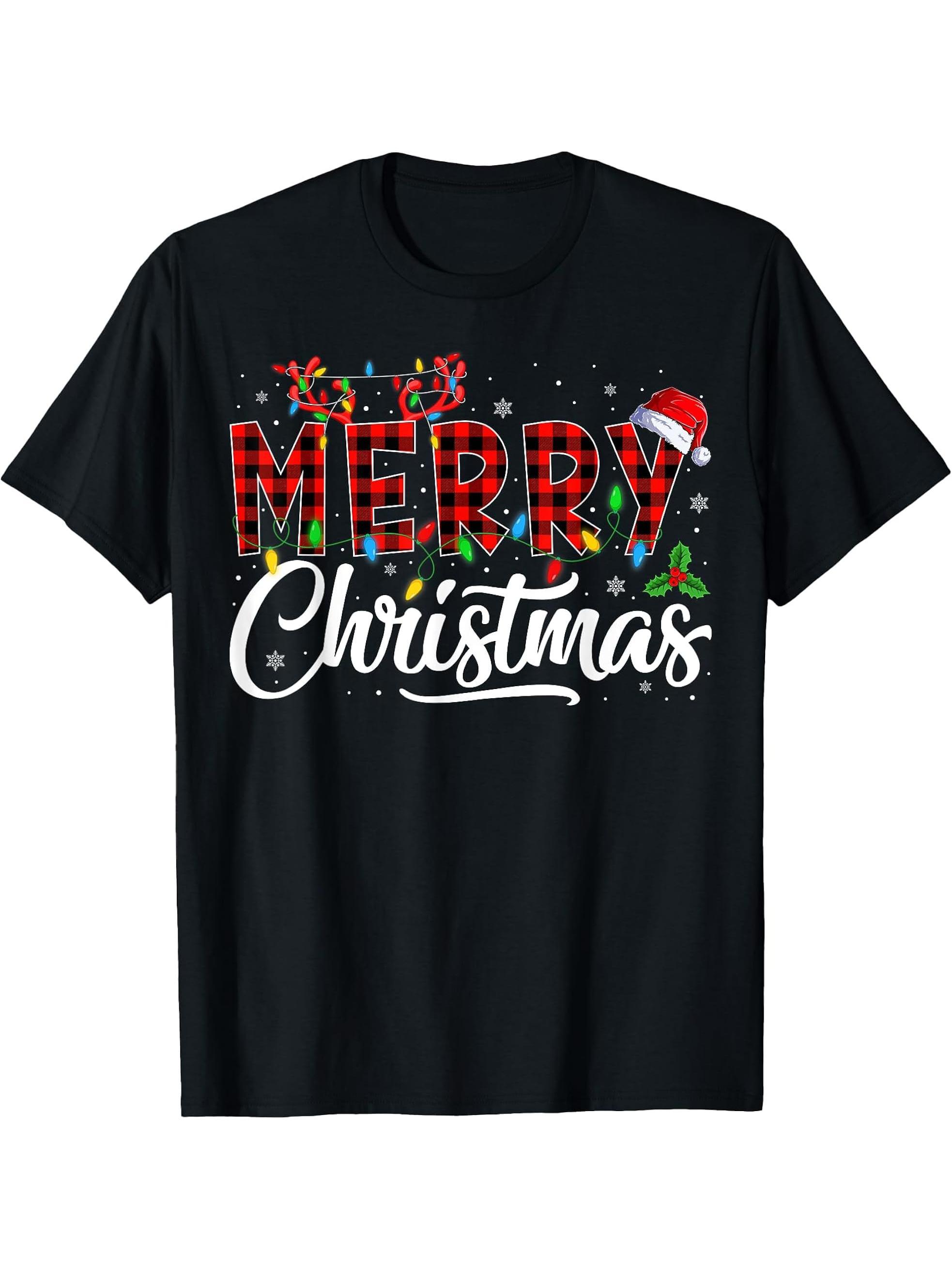 Merry Christmas Lights Santa Hat Xmas Family Men Women Boy Girl T-Shirt 180G 100% Cotton Printed Round Neck Short-Sleeve T-Shirt, Gifts for Men Dad Husband Grandpa, S-XXXL, Black